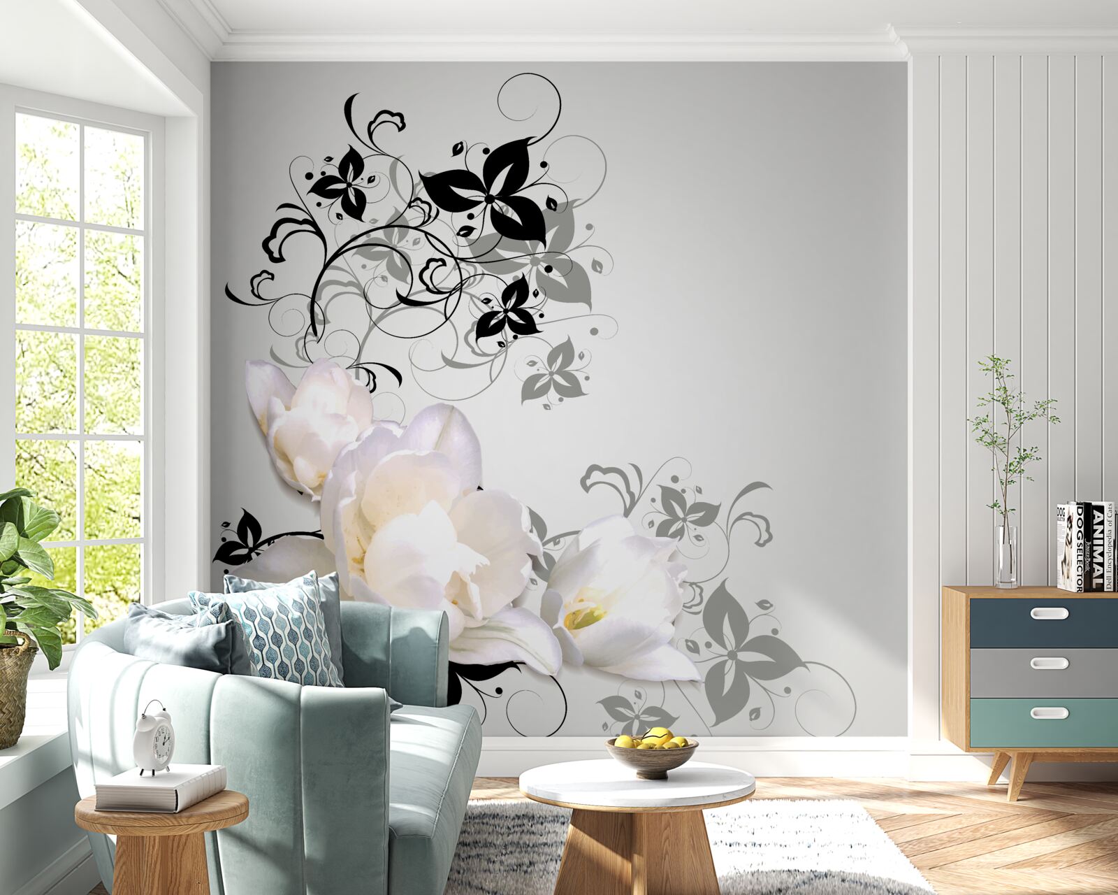 Фотошпалери на сірому тлі зображено латаття з темним листям