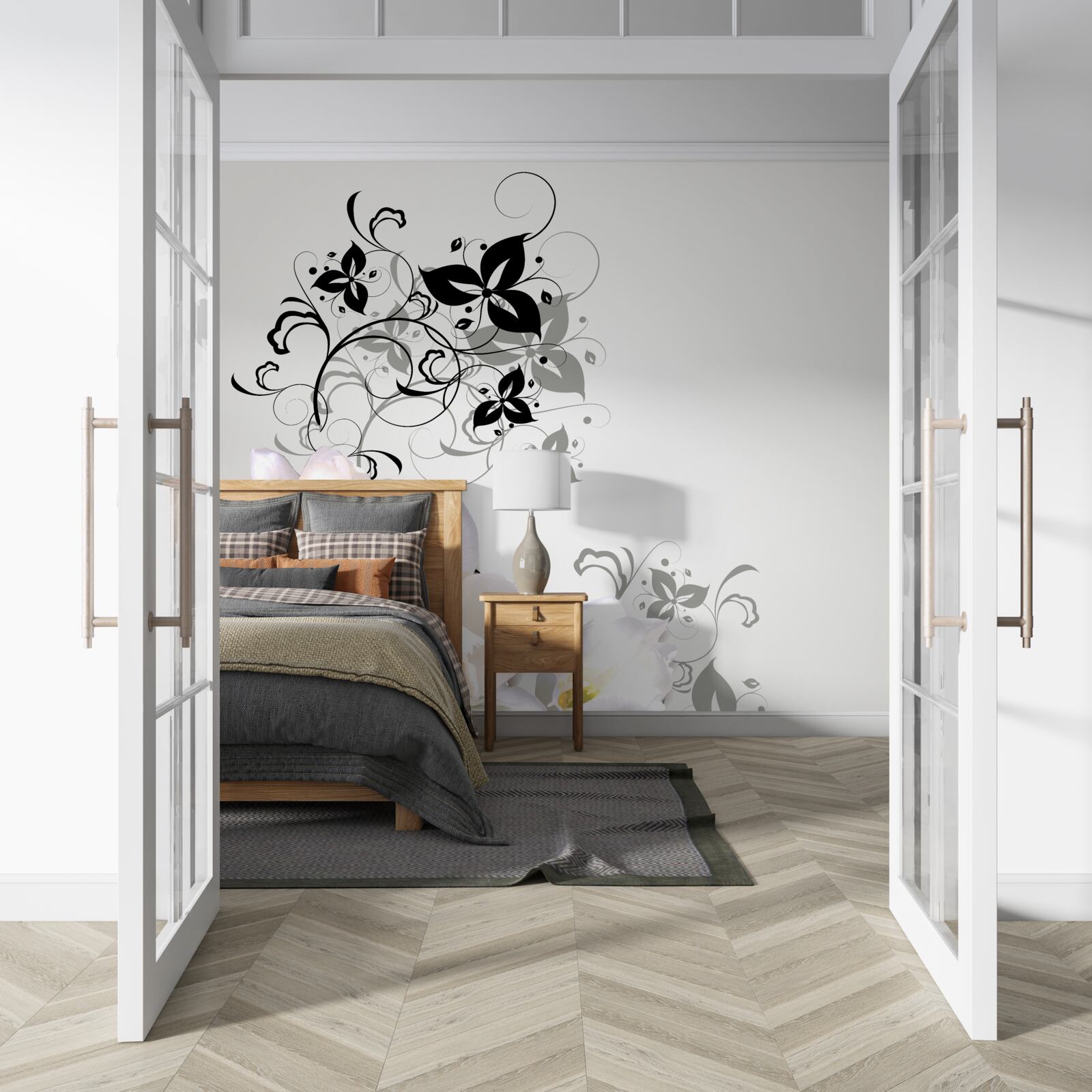 Фотошпалери на сірому тлі зображено латаття з темним листям