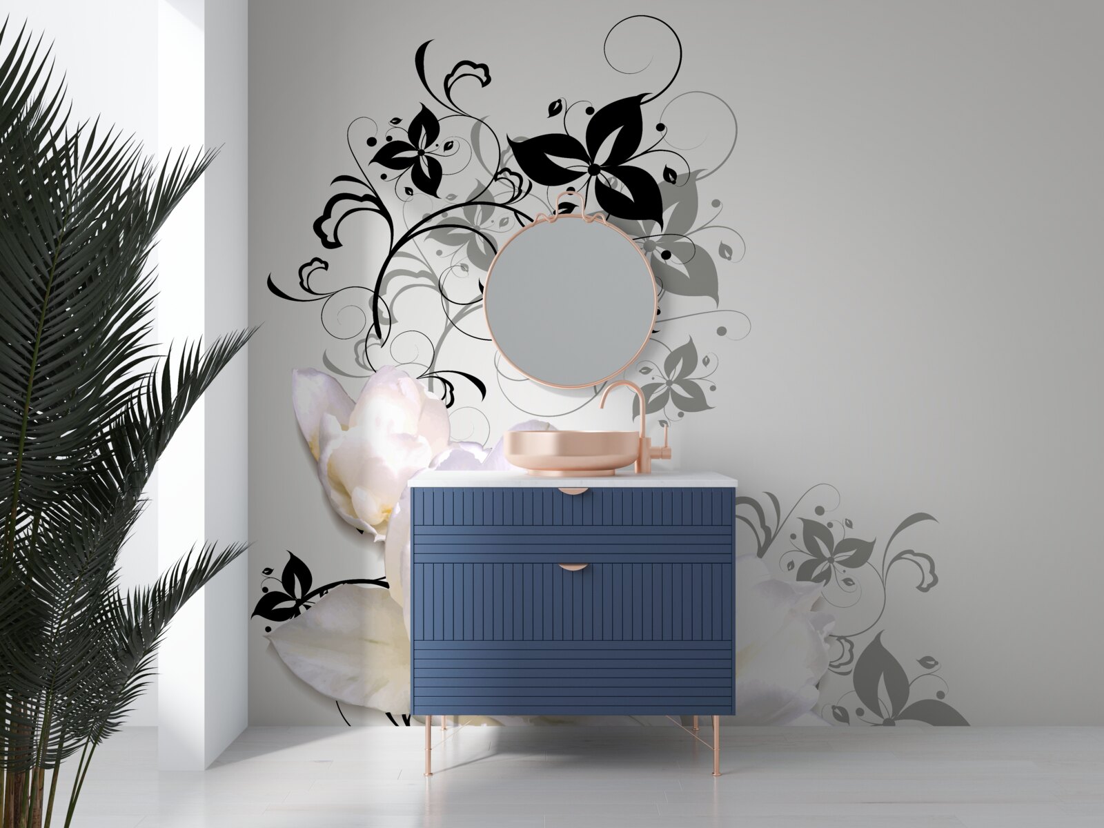 Фотошпалери на сірому тлі зображено латаття з темним листям