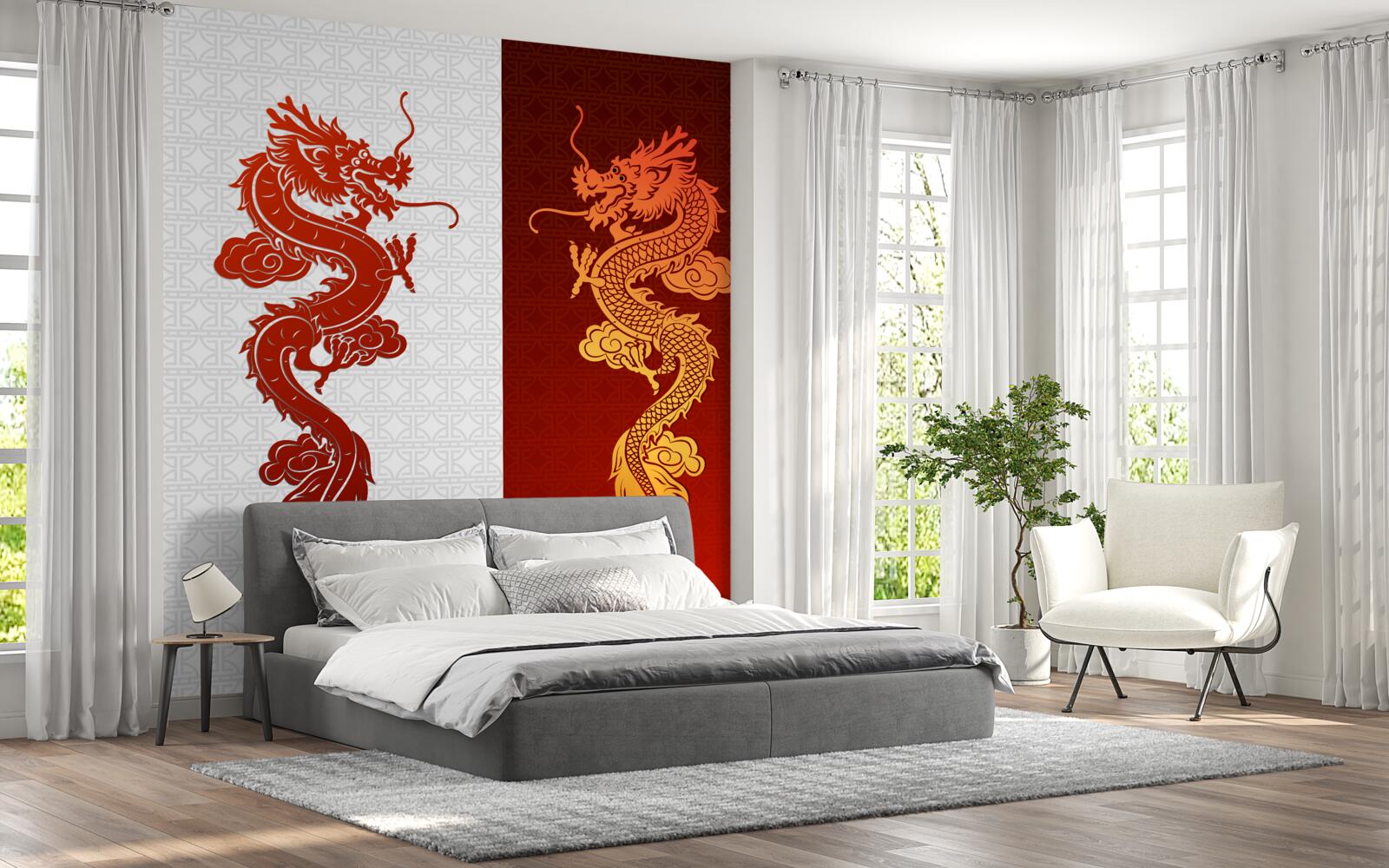 Фотошпалери зображення дракона на біло-червоному тлі