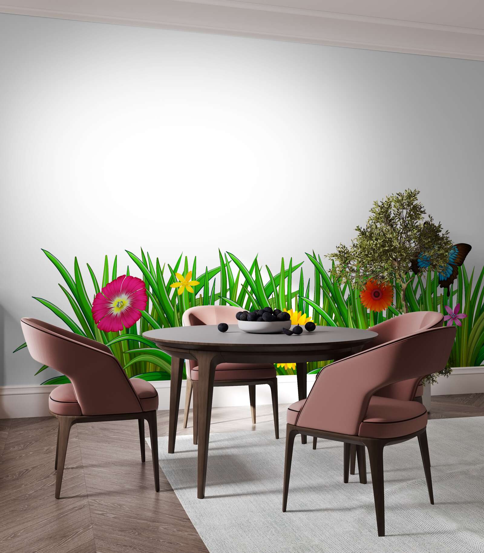 Фотошпалери метелик сидить на траві з герберами