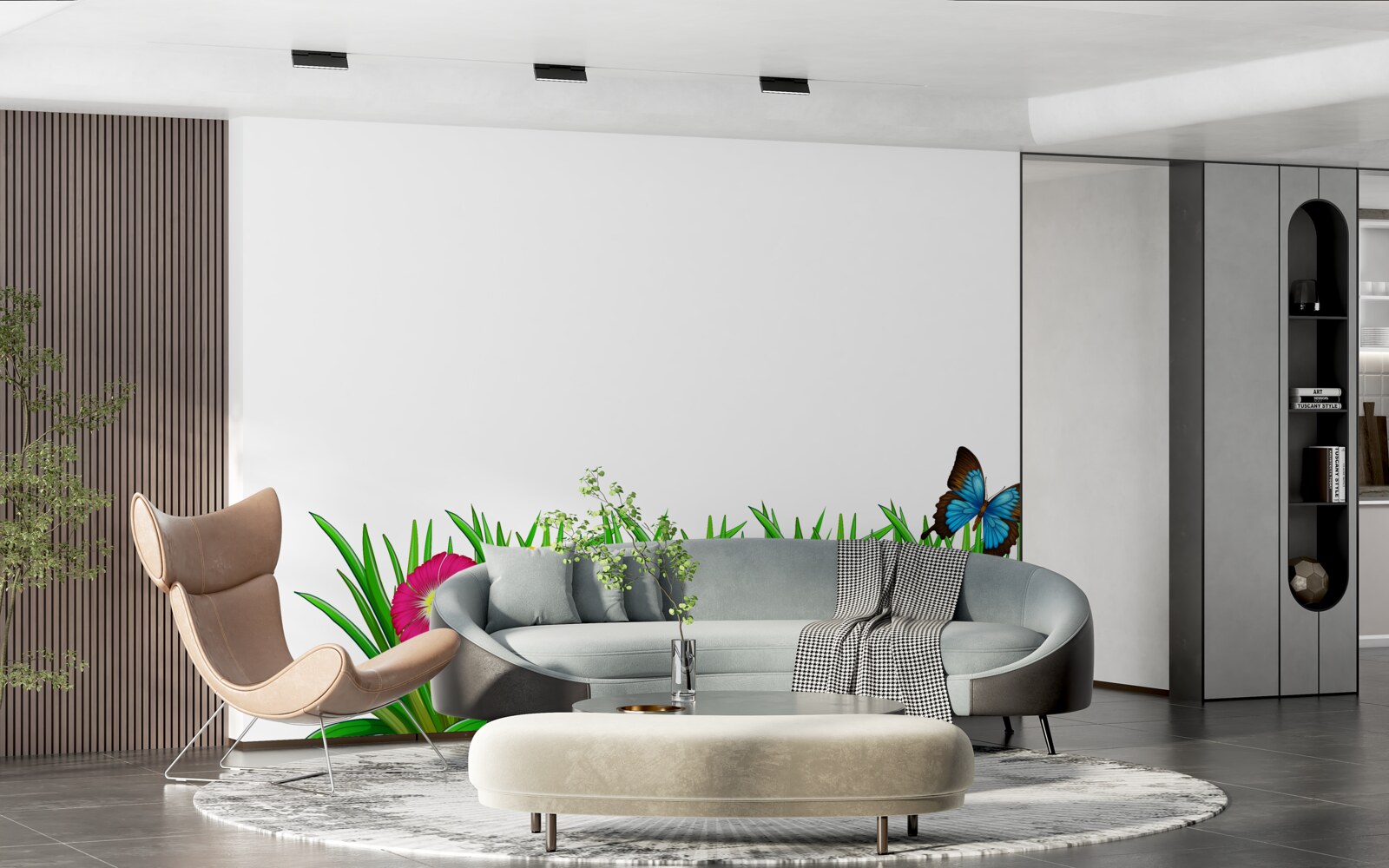 Фотошпалери метелик сидить на траві з герберами