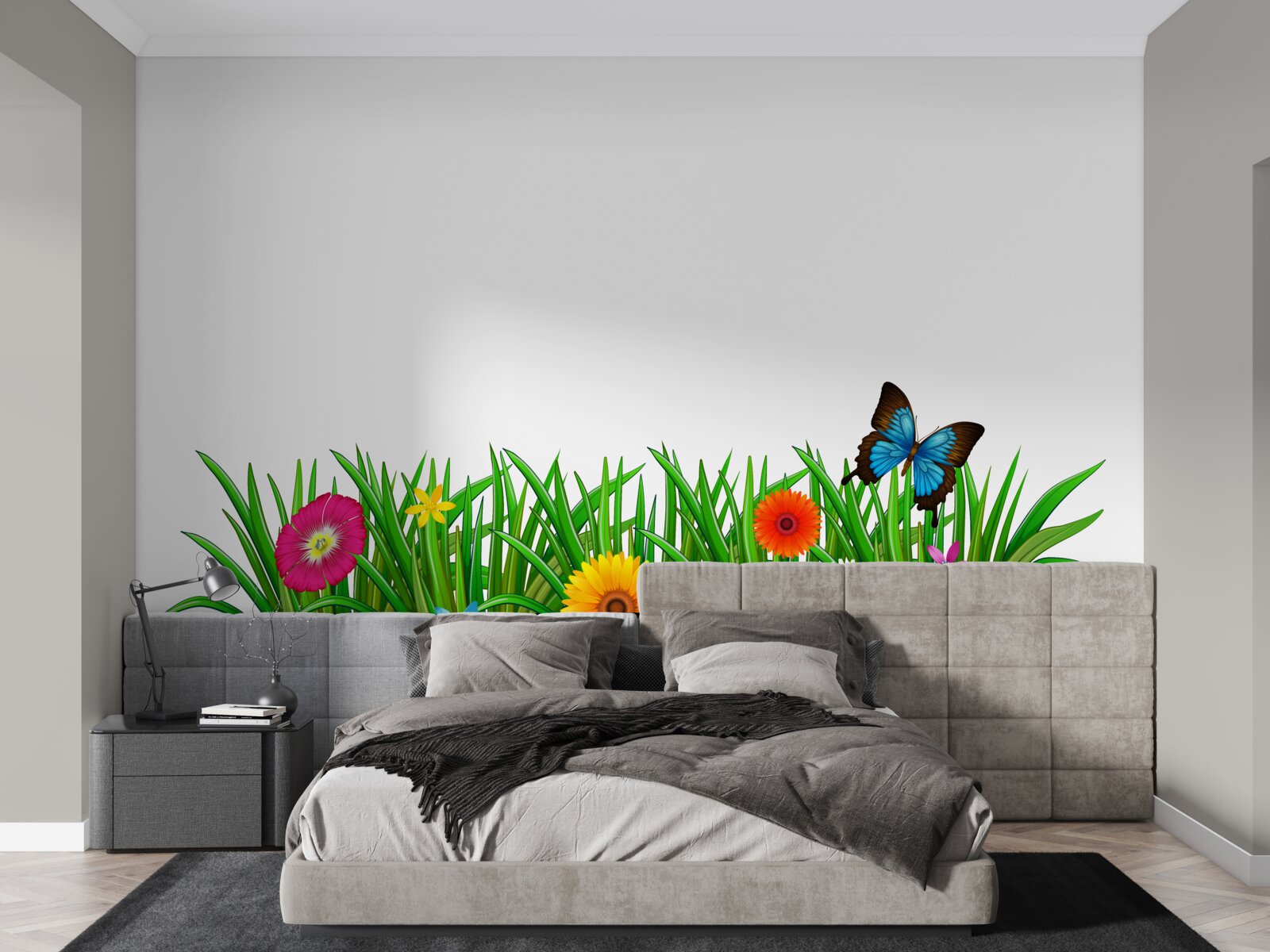 Фотошпалери метелик сидить на траві з герберами