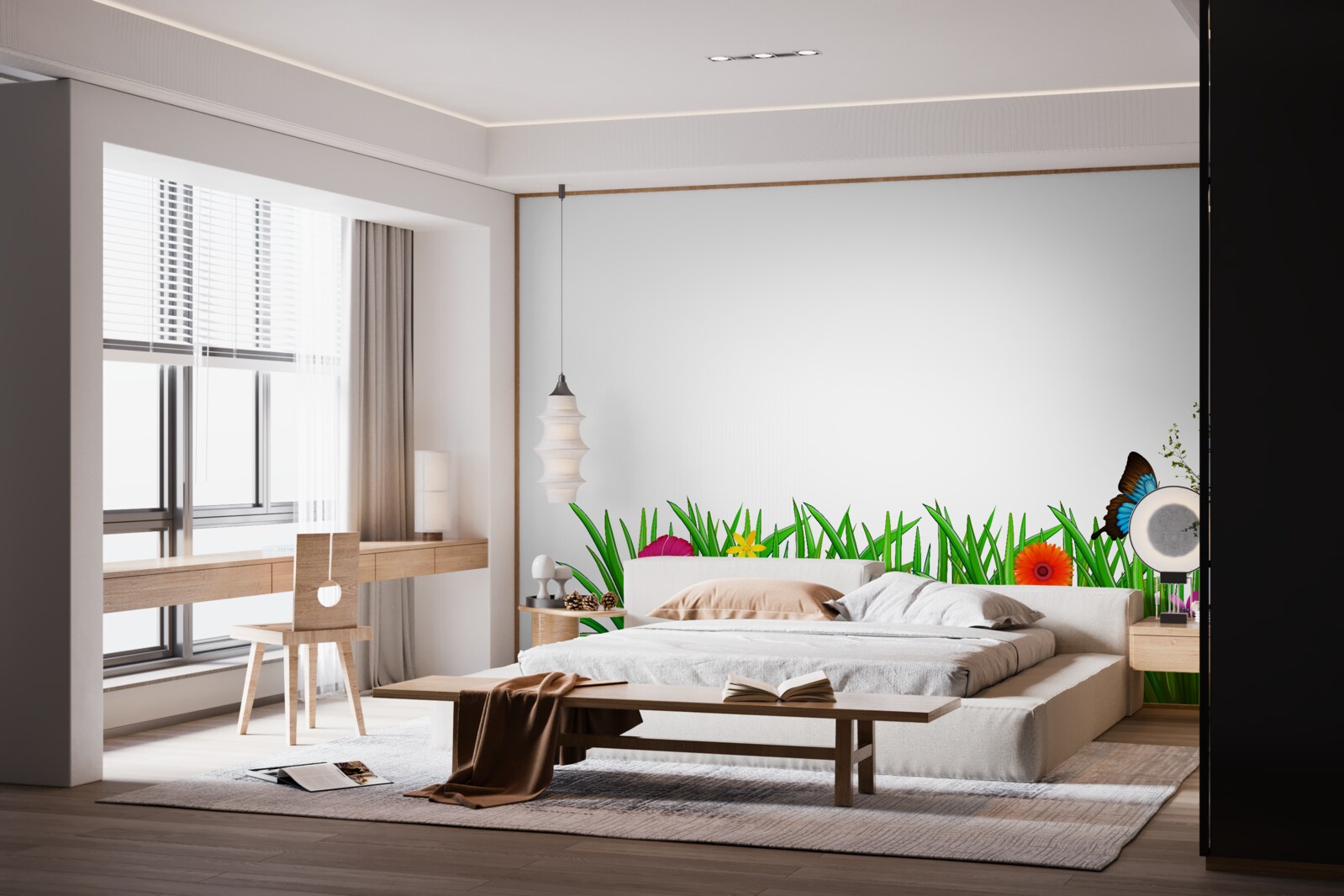 Фотошпалери метелик сидить на траві з герберами