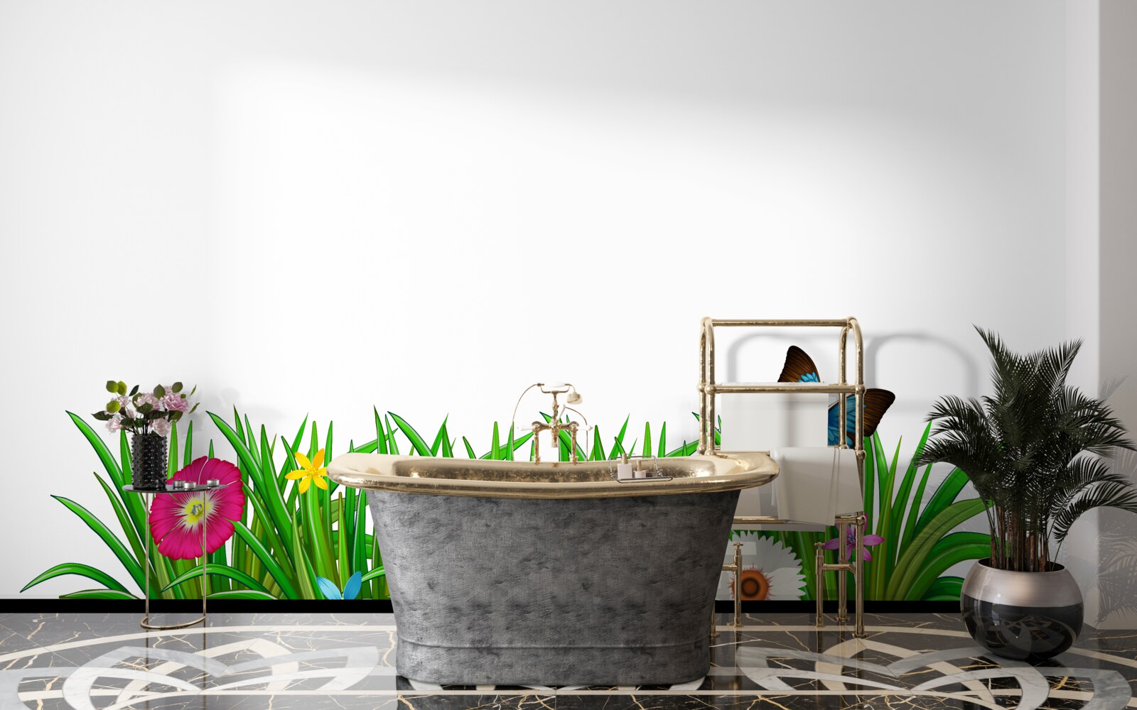 Фотошпалери метелик сидить на траві з герберами