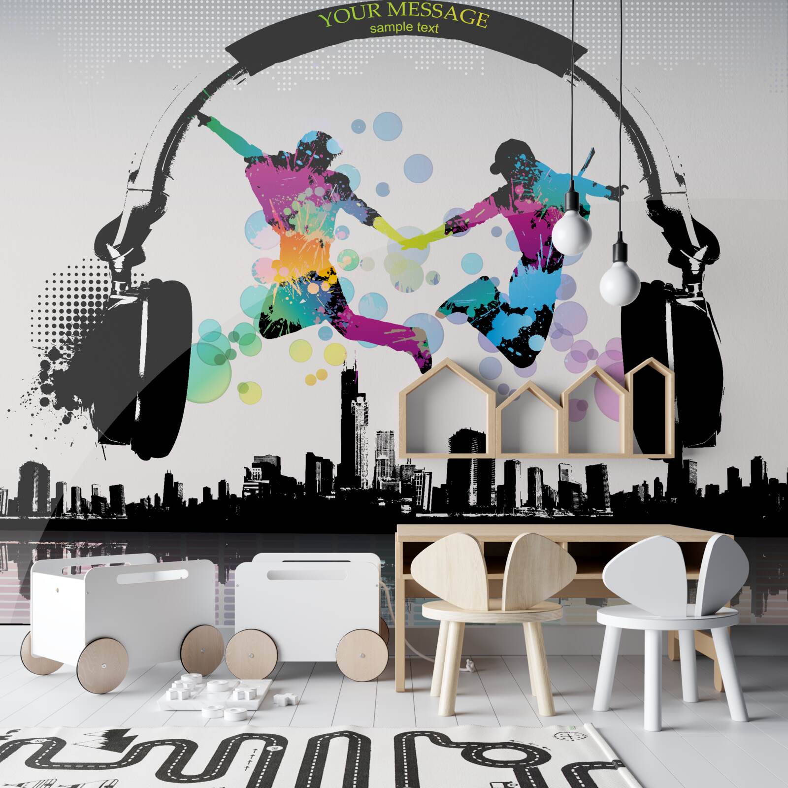 Фотошпалери двоє танцюристів на тлі абстрактного міста та навушників