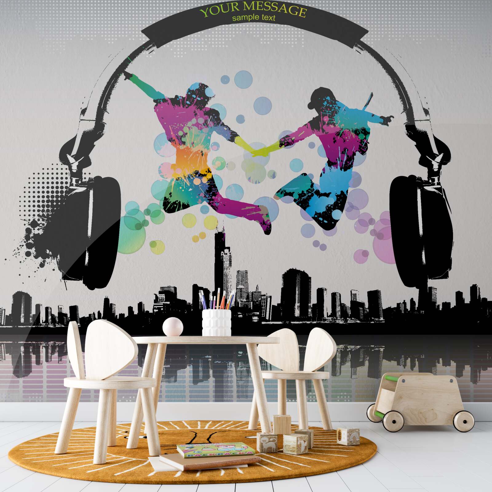 Фотошпалери двоє танцюристів на тлі абстрактного міста та навушників