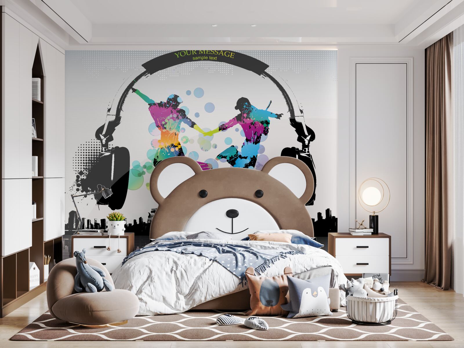 Фотошпалери двоє танцюристів на тлі абстрактного міста та навушників