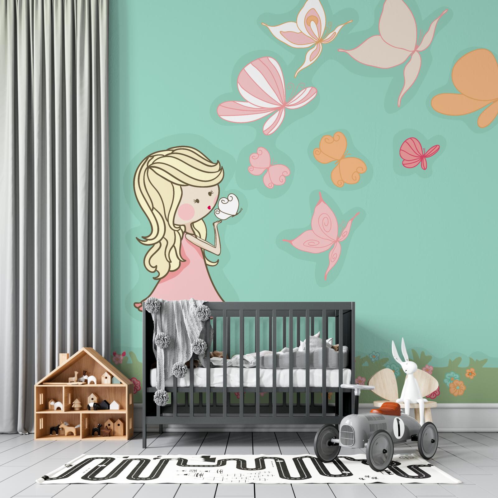 Фотошпалери дівчинка милується метеликами