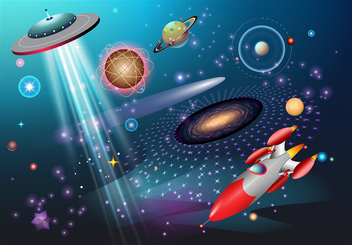 Фотошпалери серед планет є ракета і НЛО