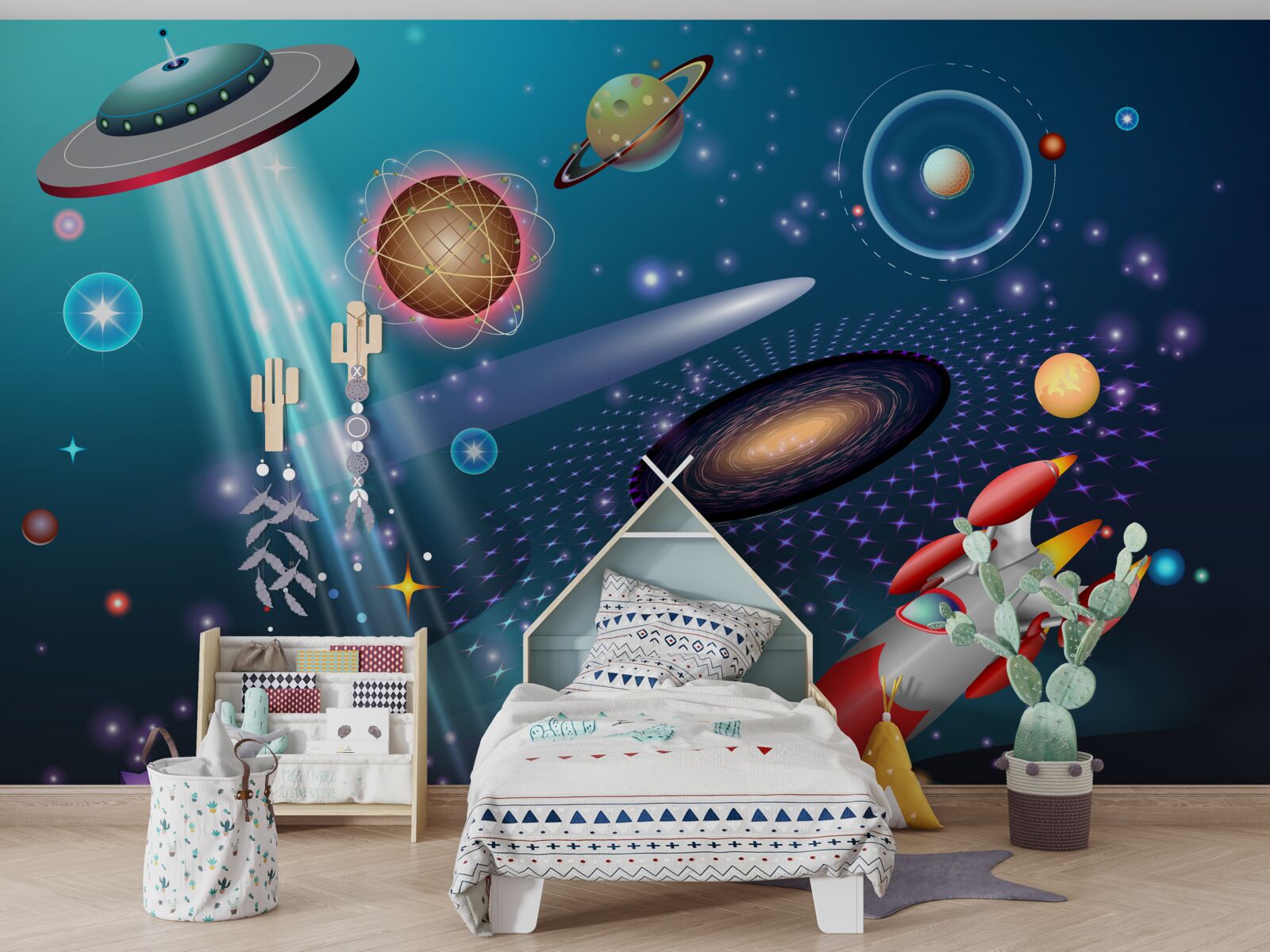 Фотошпалери серед планет є ракета і НЛО