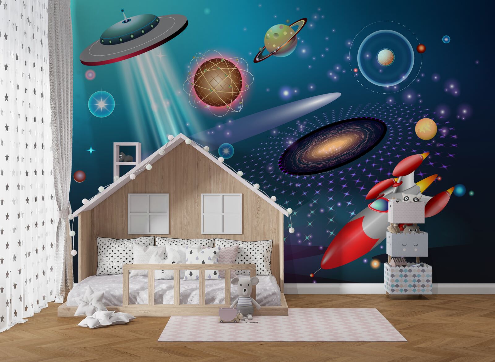 Фотошпалери серед планет є ракета і НЛО