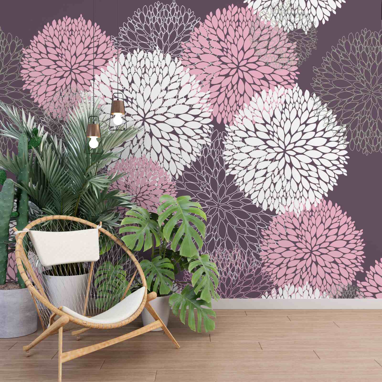 Фотошпалери бутони кульбаби мають біле, рожеве та сіре забарвлення