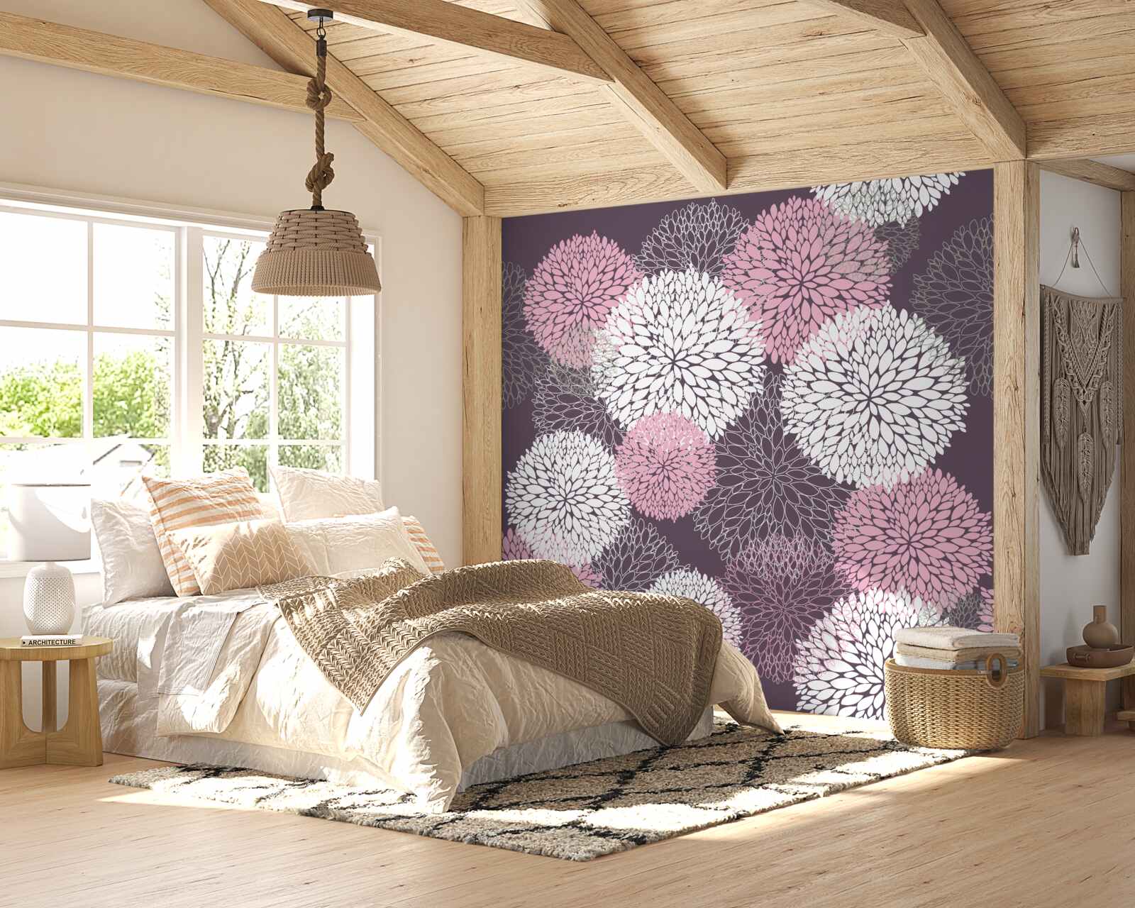 Фотошпалери бутони кульбаби мають біле, рожеве та сіре забарвлення