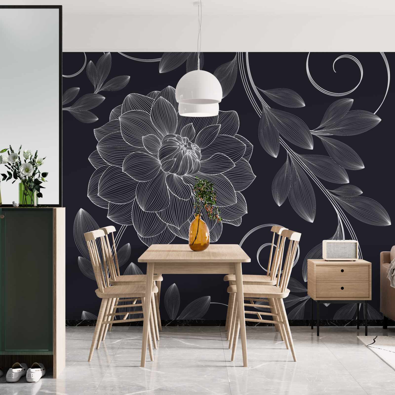 Фотошпалери бутон і листя на сірому тлі