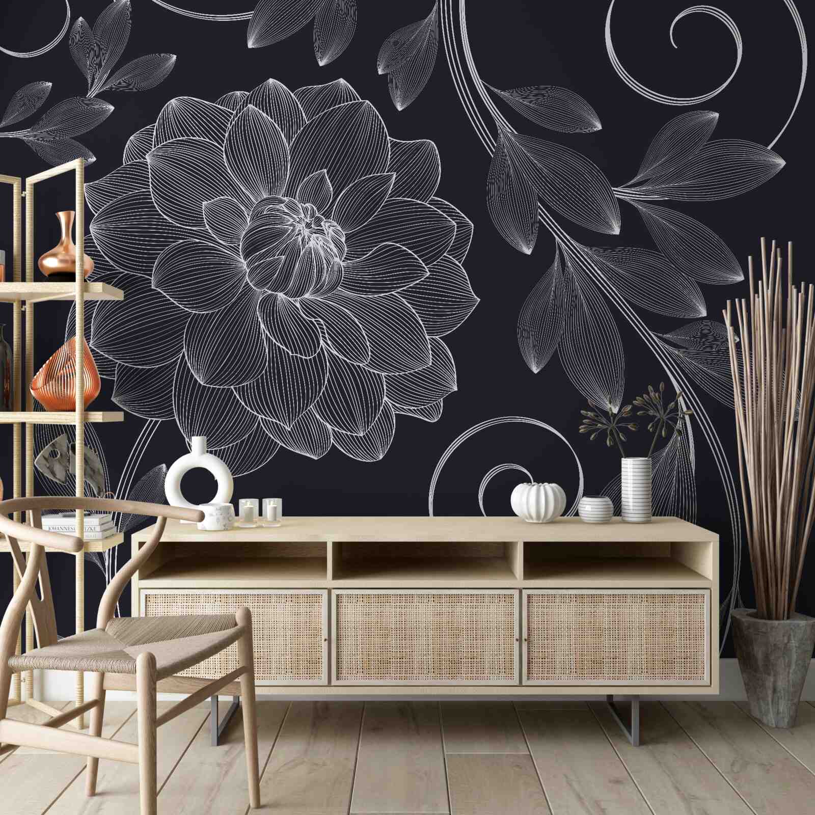 Фотошпалери бутон і листя на сірому тлі