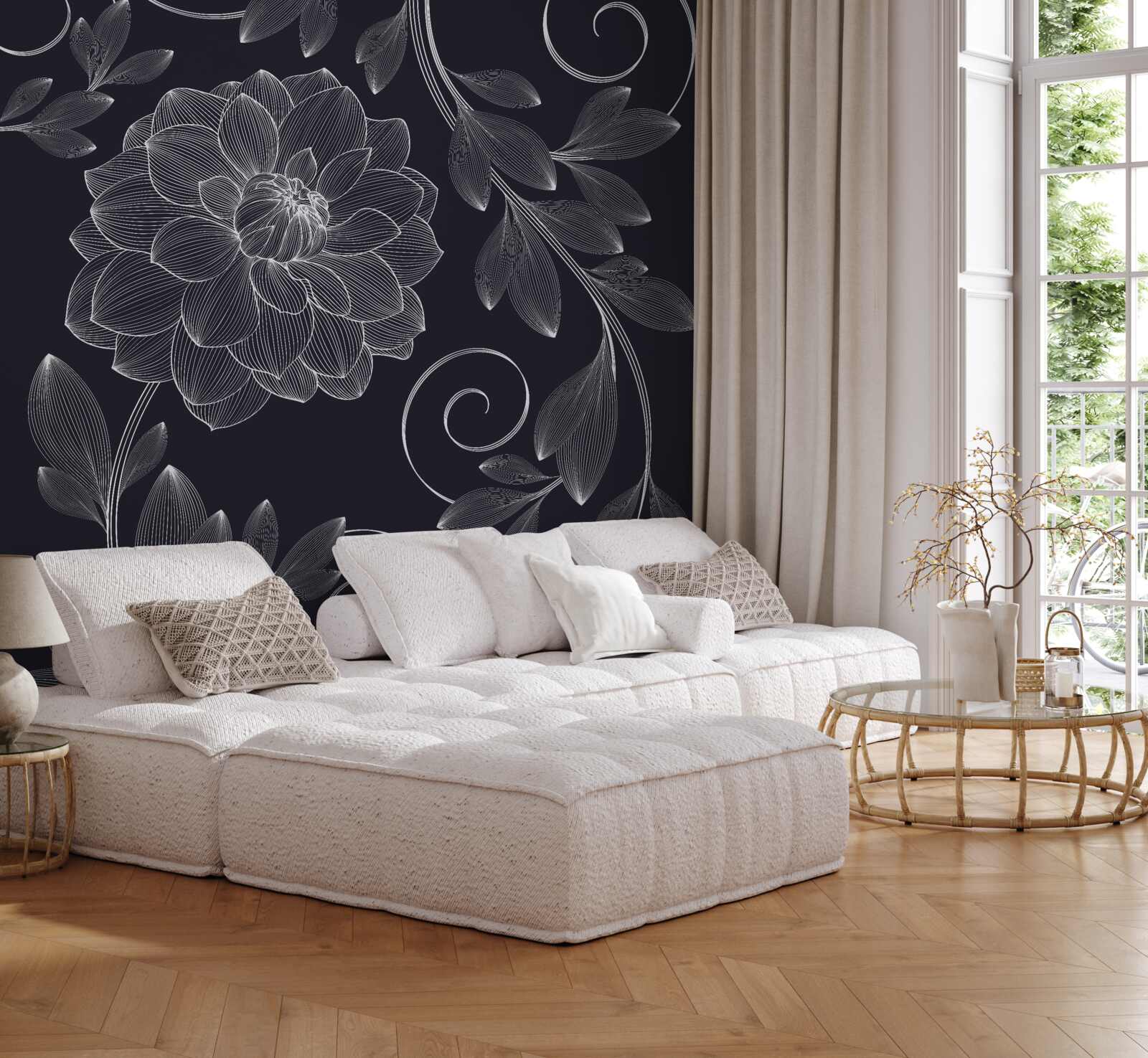 Фотошпалери бутон і листя на сірому тлі