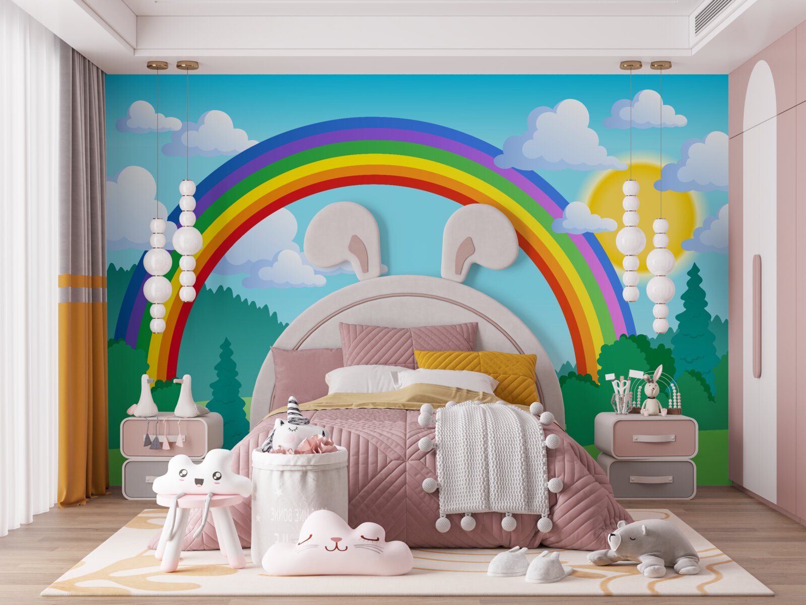 Фотошпалери на лісовій галявині виблискує яскрава веселка