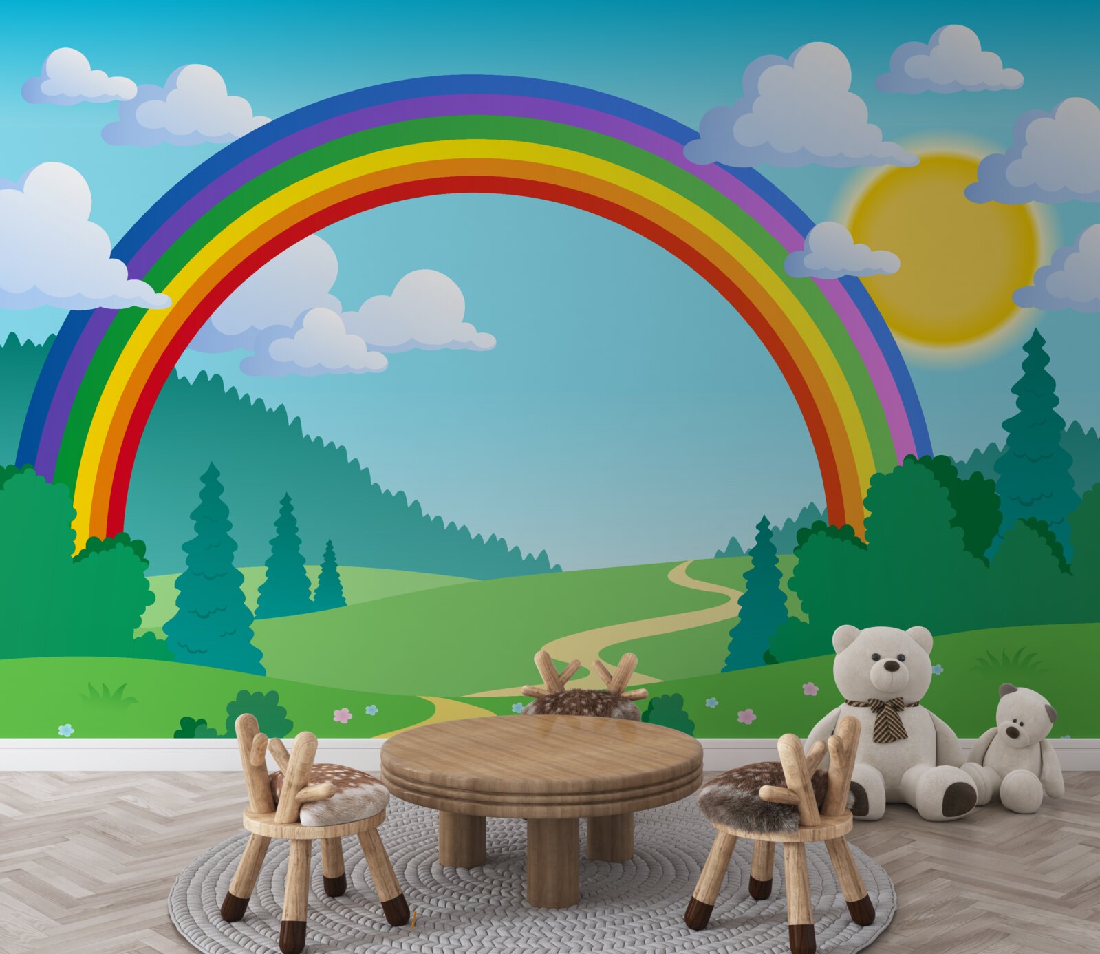 Фотошпалери на лісовій галявині виблискує яскрава веселка