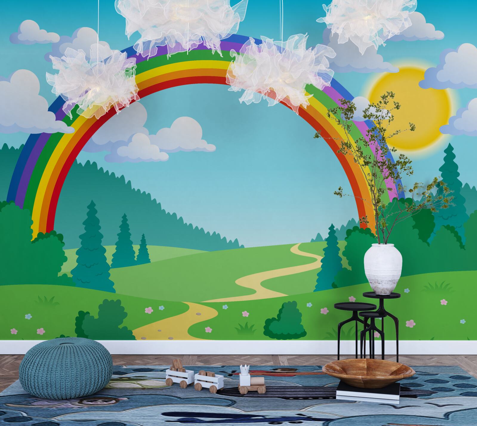 Фотошпалери на лісовій галявині виблискує яскрава веселка