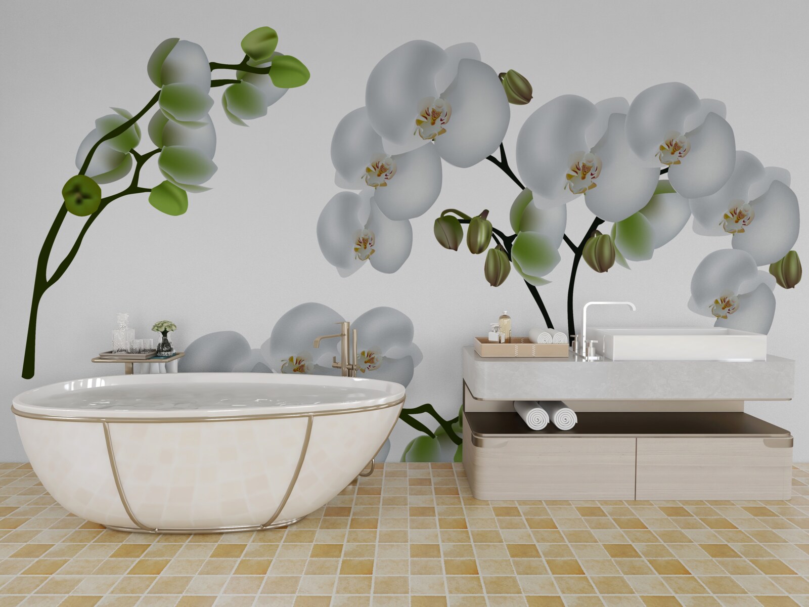 Фотошпалери біла орхідея з зеленим листям