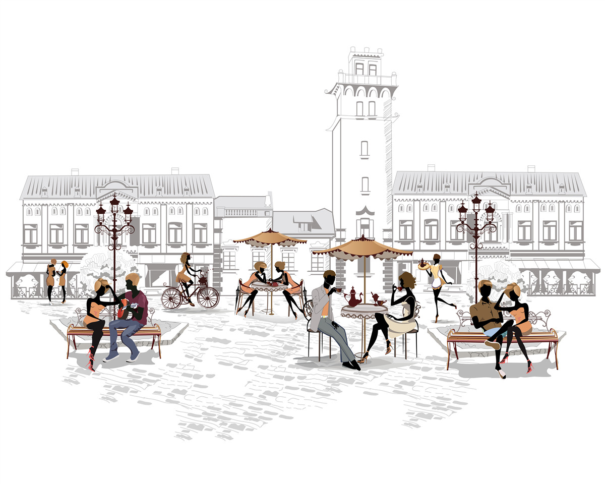 Фотошпалери люди в центрі міста, намальовані олівцем