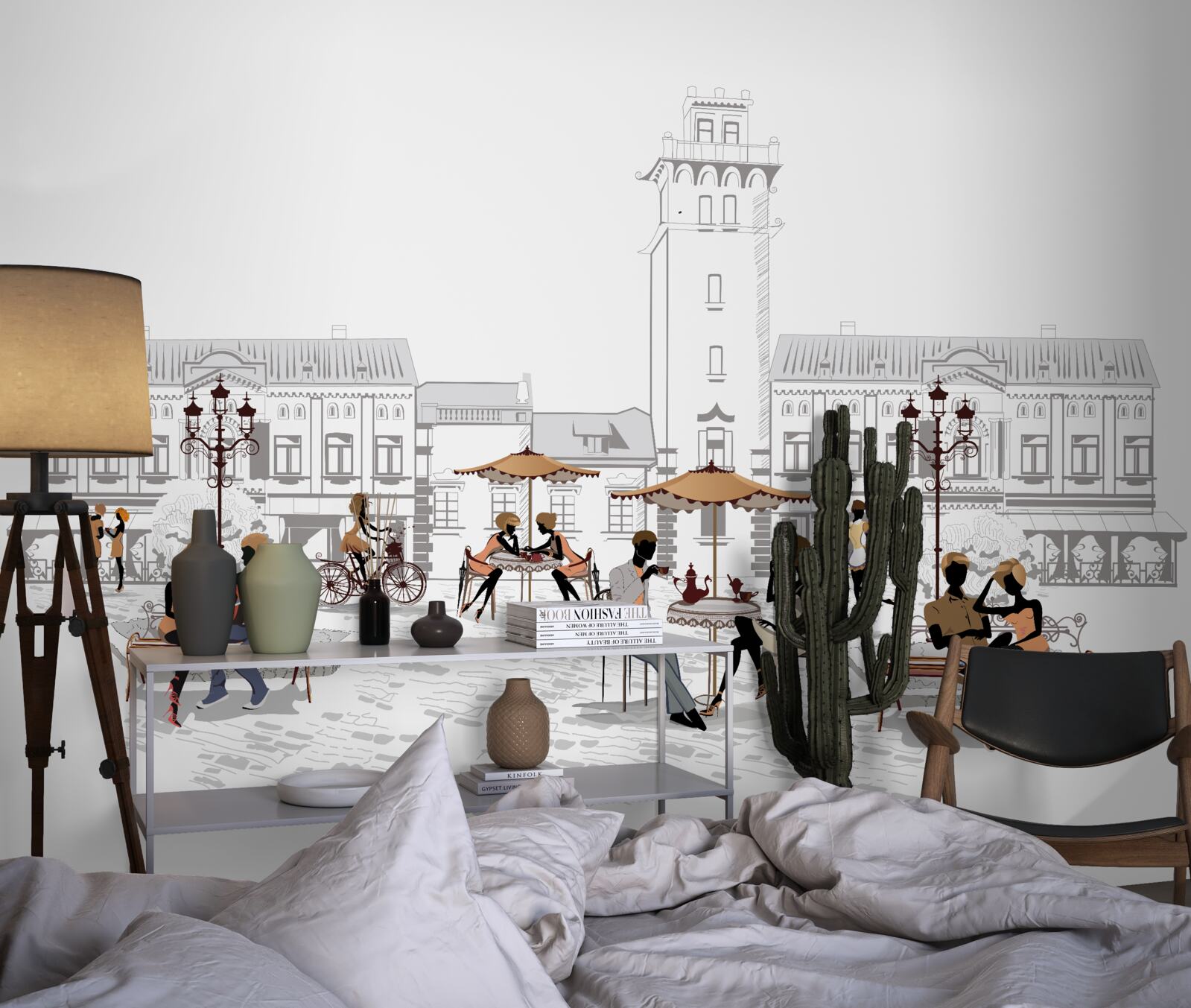 Фотошпалери люди в центрі міста, намальовані олівцем