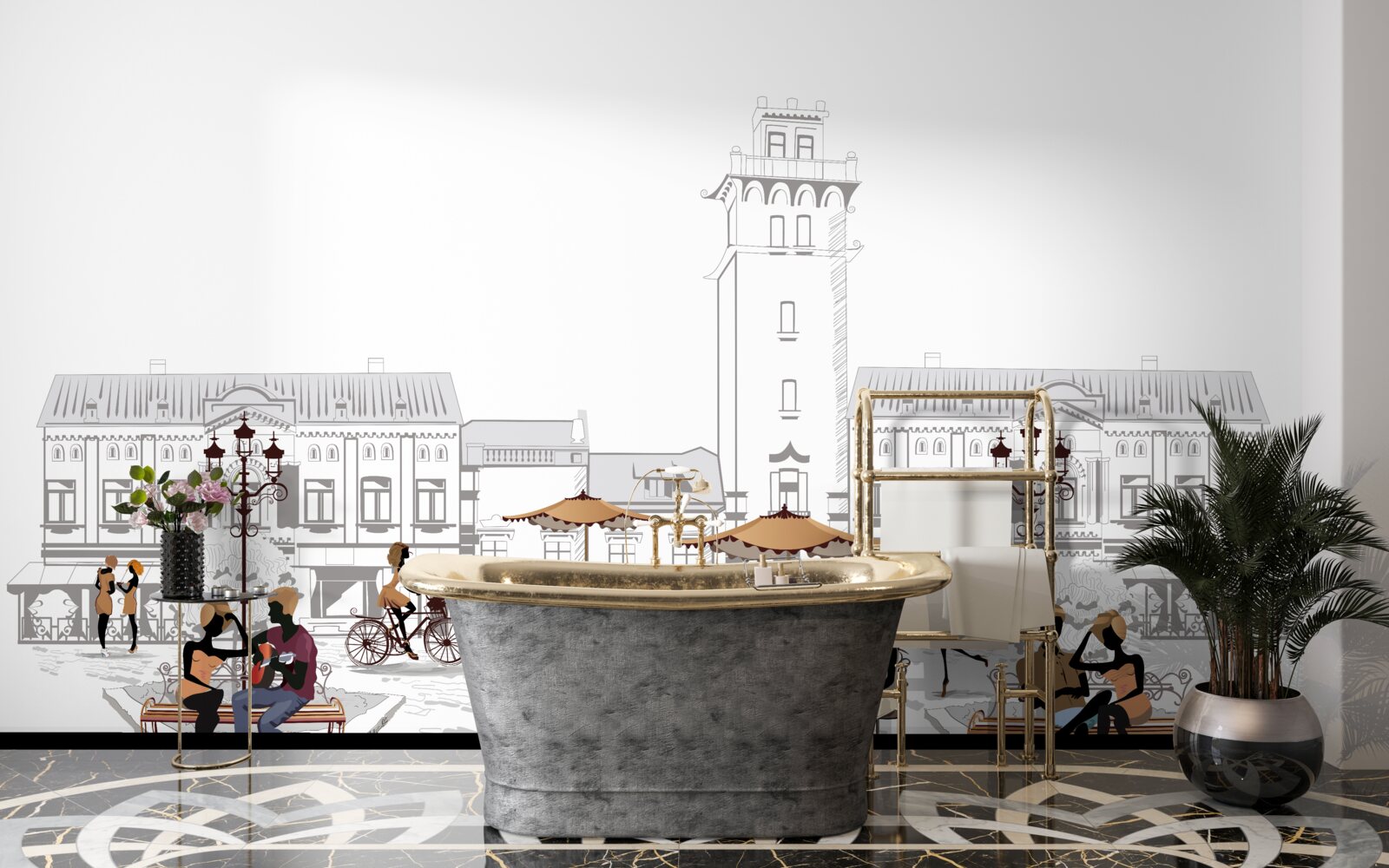 Фотошпалери люди в центрі міста, намальовані олівцем