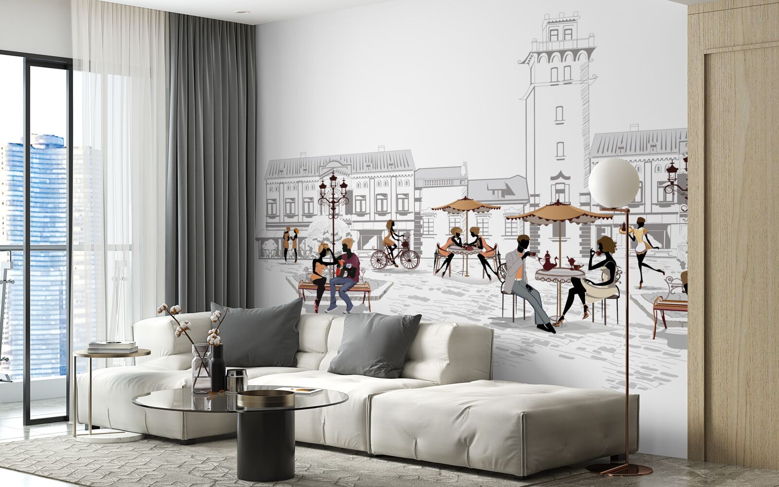 Фотошпалери люди в центрі міста, намальовані олівцем