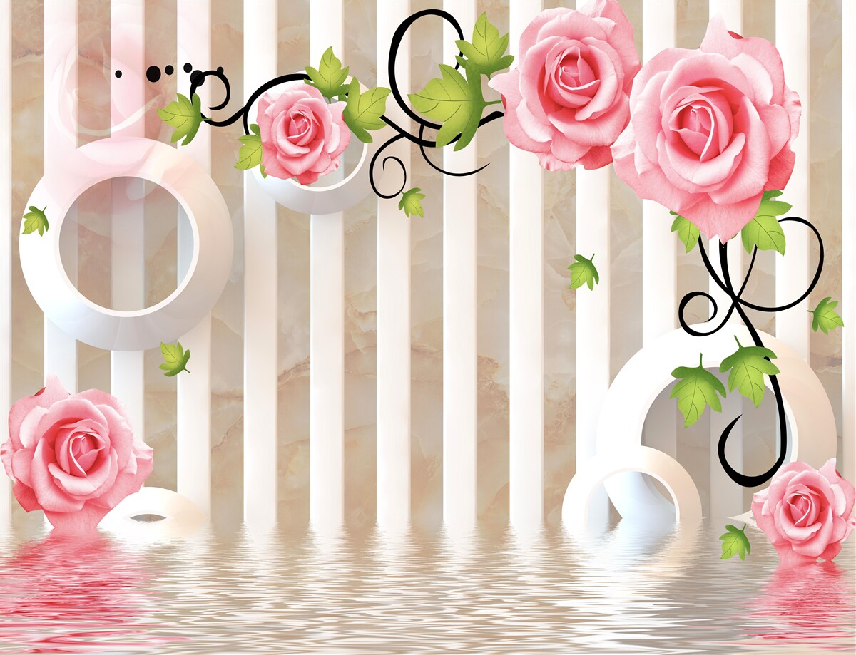 Фотошпалери троянда з рожевими пелюстками та зеленим листям біля води