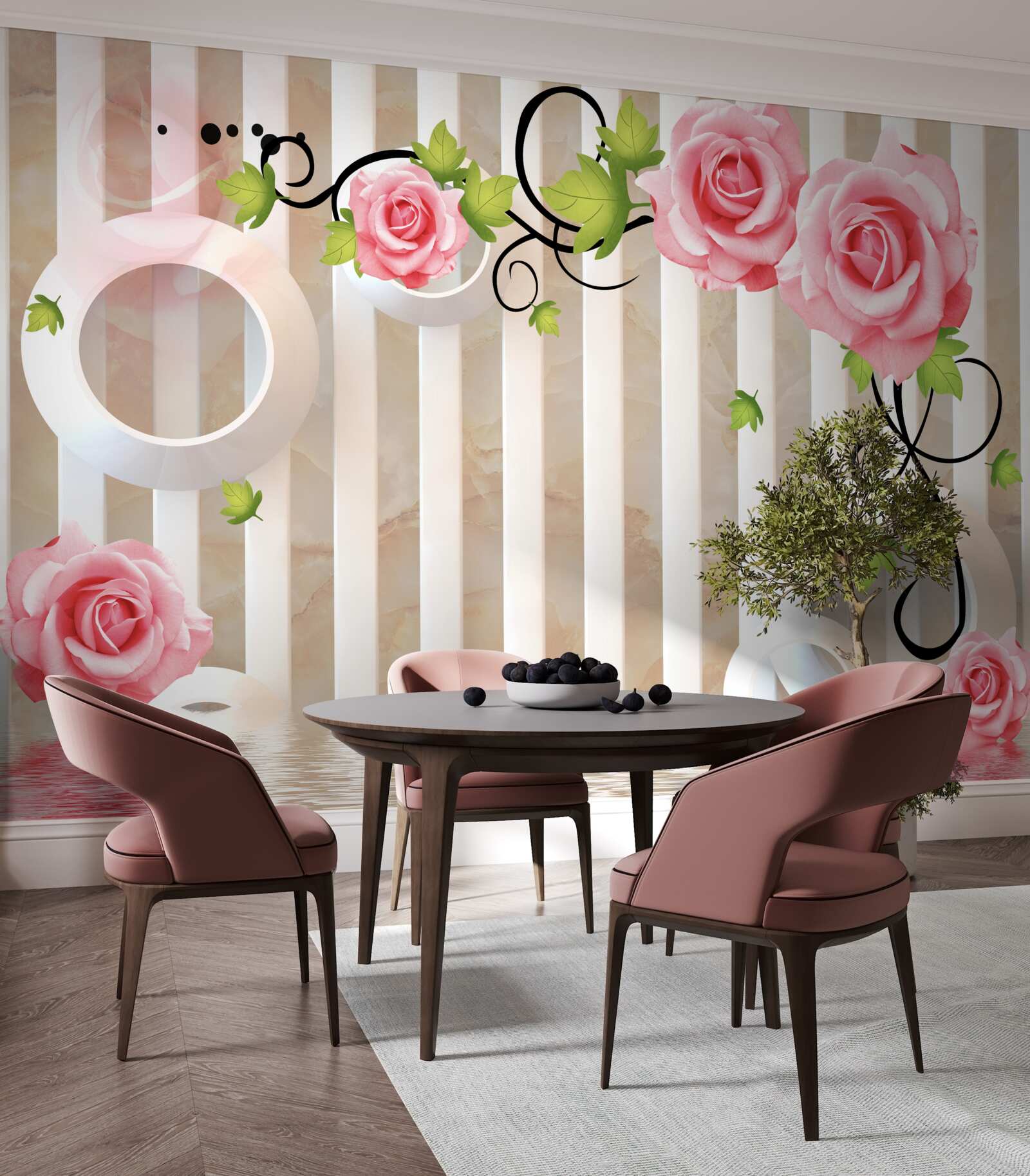 Фотошпалери троянда з рожевими пелюстками та зеленим листям біля води