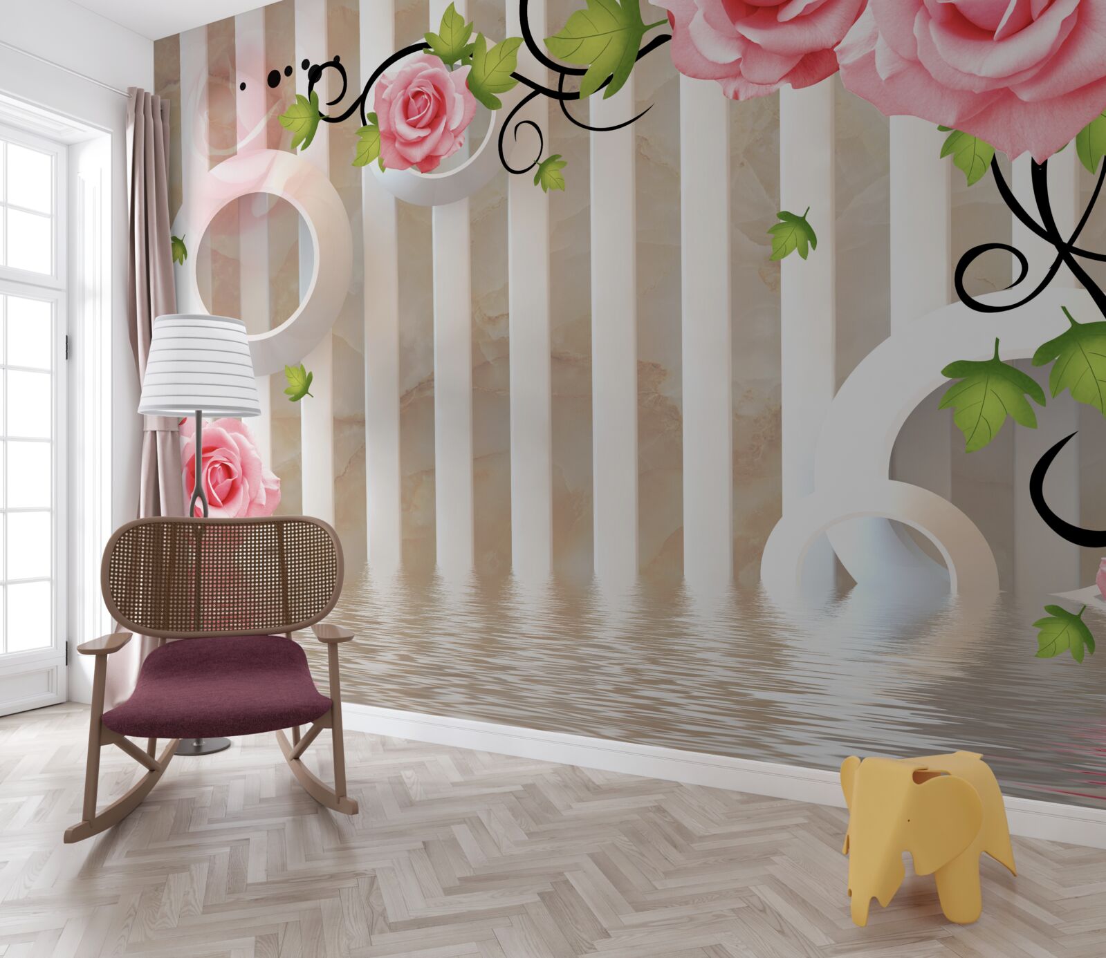 Фотошпалери троянда з рожевими пелюстками та зеленим листям біля води