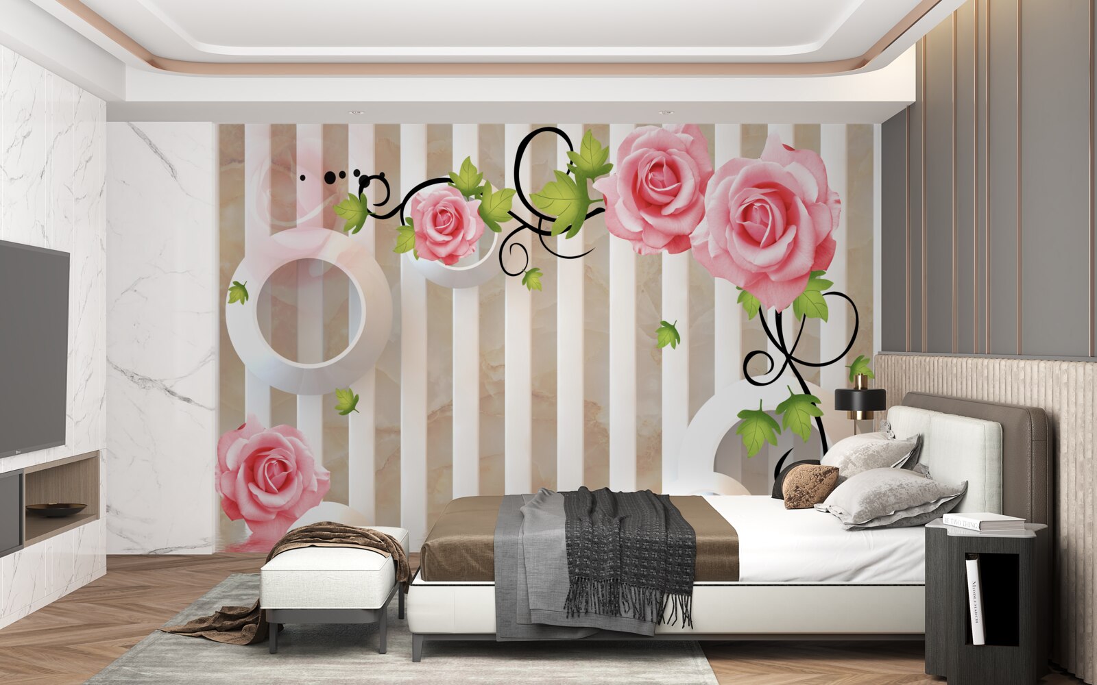 Фотошпалери троянда з рожевими пелюстками та зеленим листям біля води