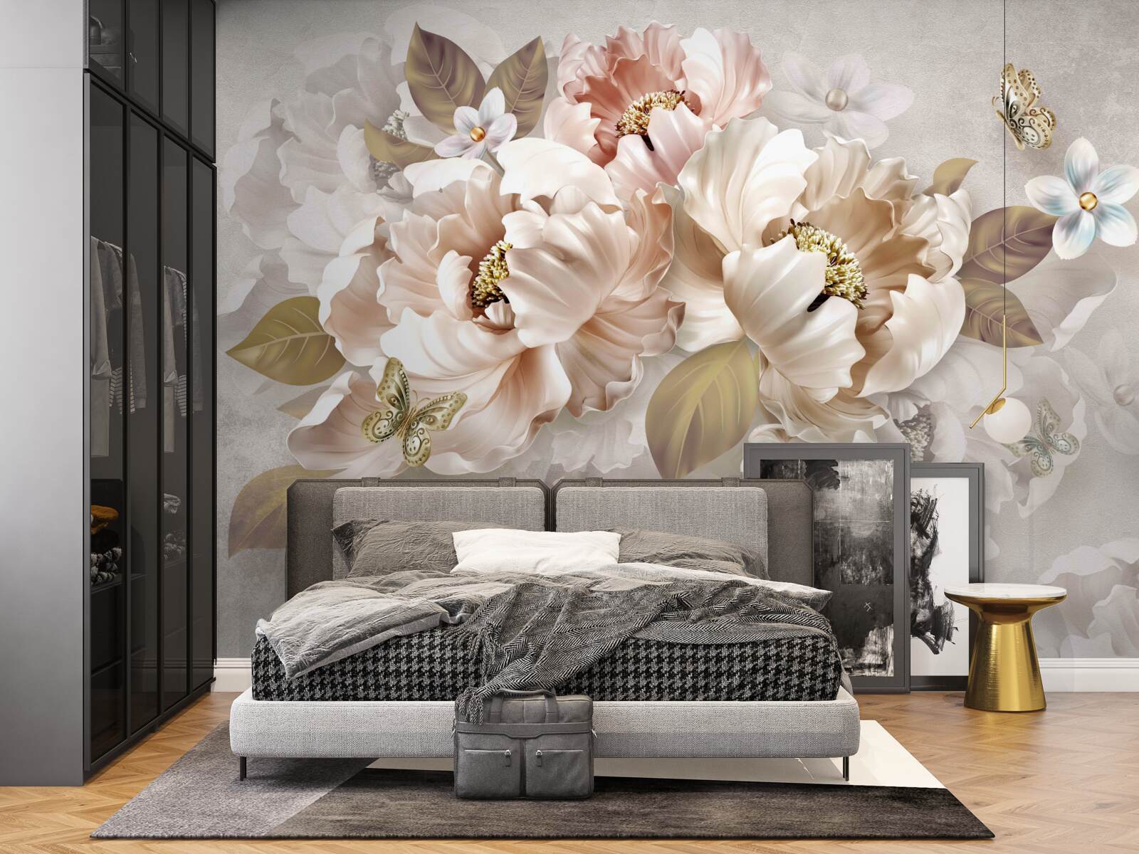 Фотошпалери акварельна квіткова композиція на світло-сірому тлі