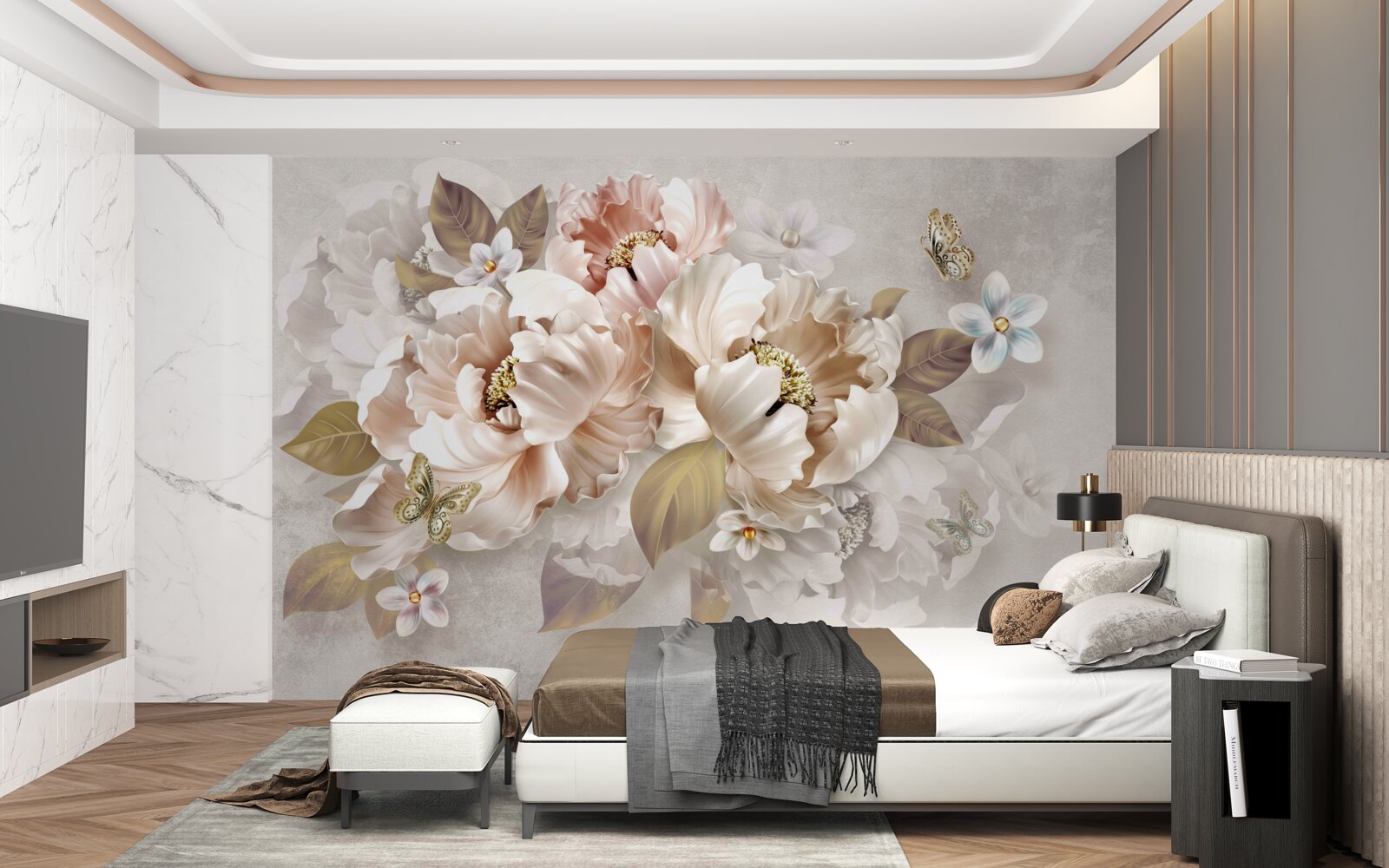 Фотошпалери акварельна квіткова композиція на світло-сірому тлі