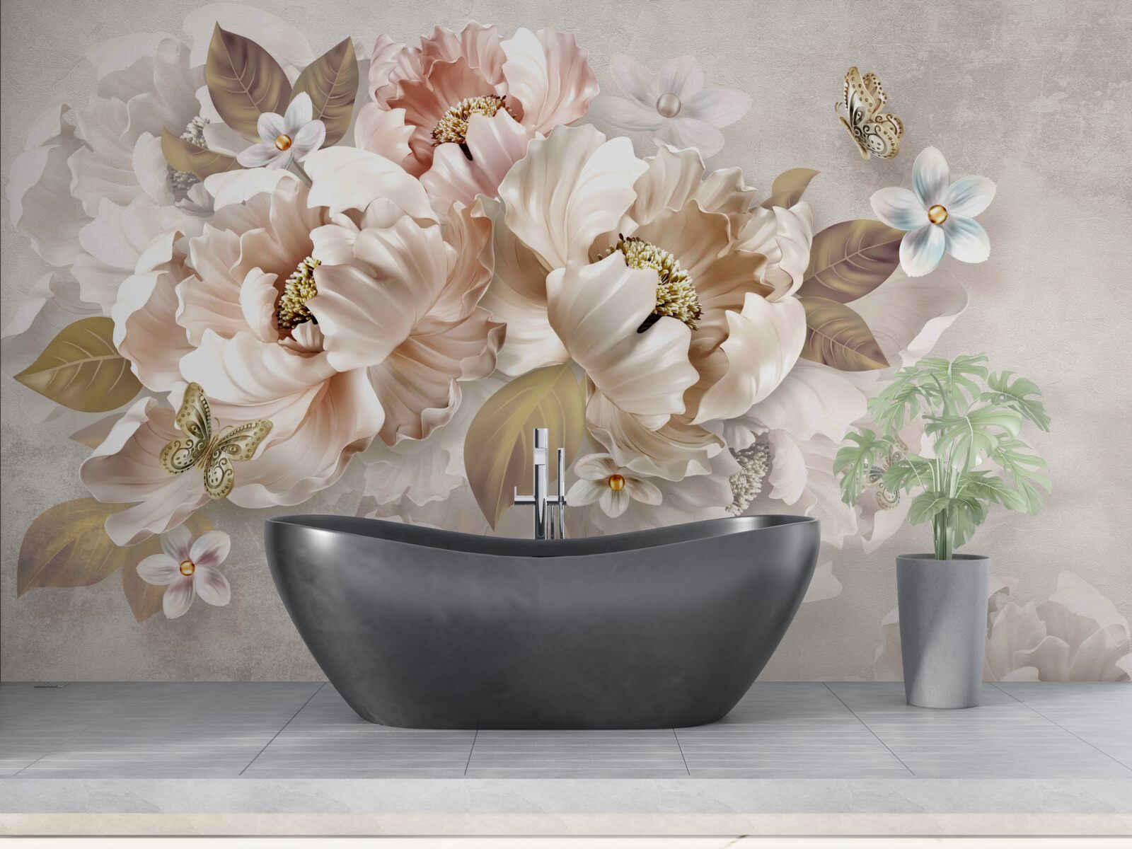 Фотошпалери акварельна квіткова композиція на світло-сірому тлі