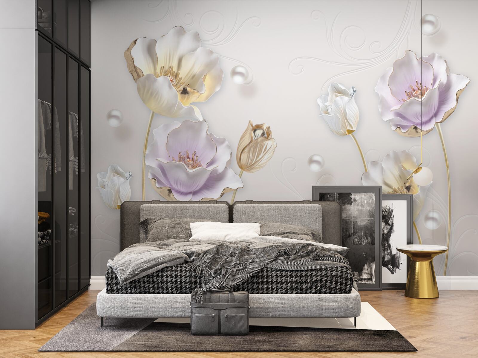 Фотошпалери яскраві квіти, вкриті великими краплями дощу