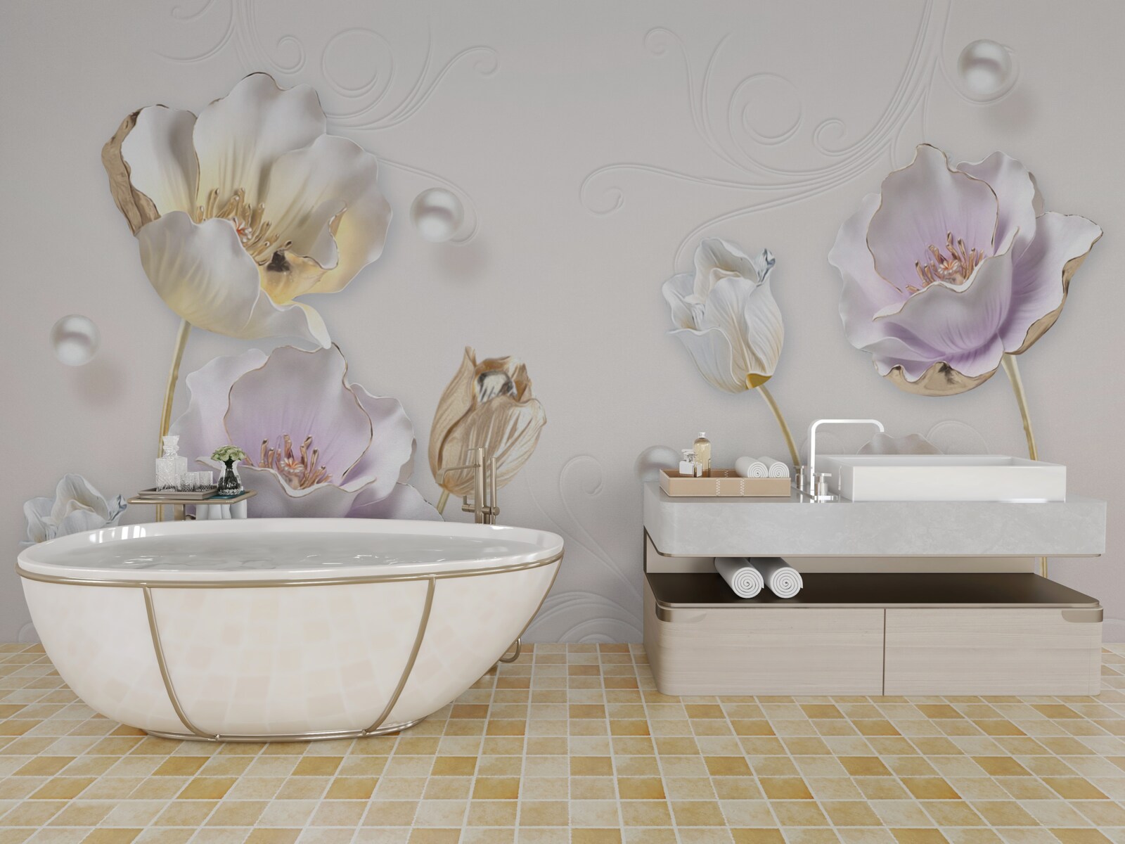 Фотошпалери яскраві квіти, вкриті великими краплями дощу