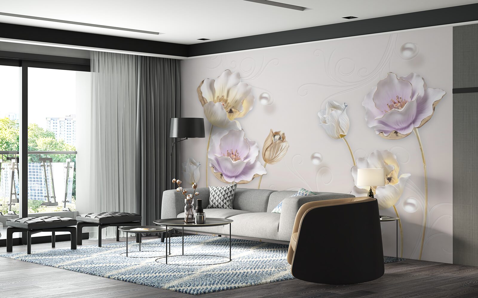 Фотошпалери яскраві квіти, вкриті великими краплями дощу