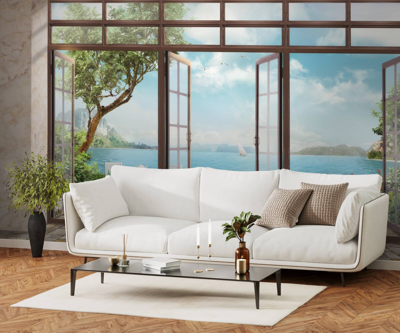 Фотошпалери літній балкон з видом на море