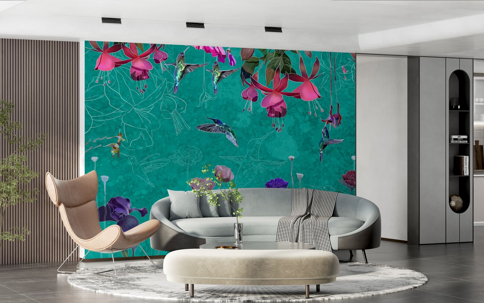 Фотошпалери на тлі нічного неба рожевіють тюльпани і виблискують кульбаби