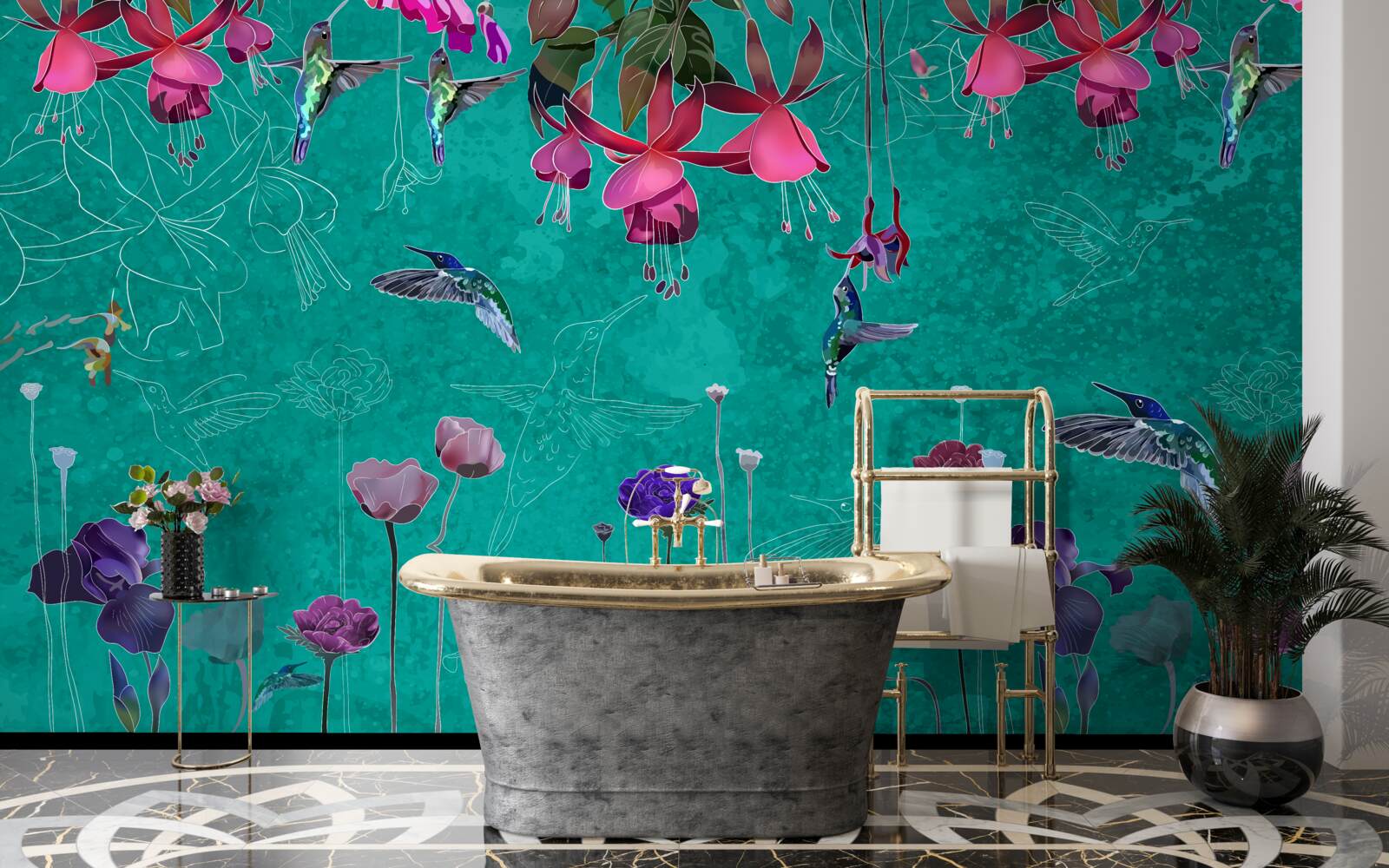 Фотошпалери на тлі нічного неба рожевіють тюльпани і виблискують кульбаби