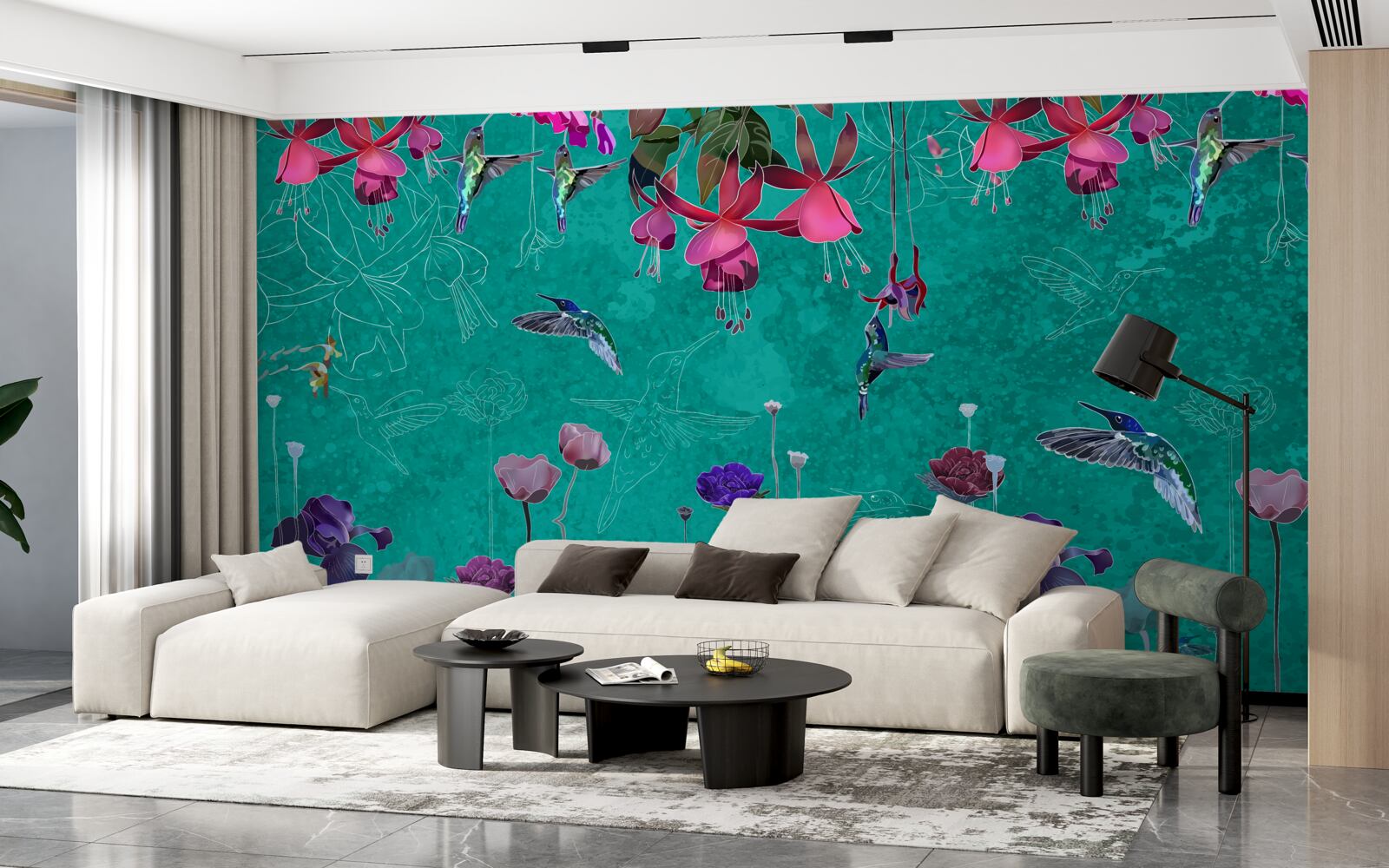 Фотошпалери на тлі нічного неба рожевіють тюльпани і виблискують кульбаби