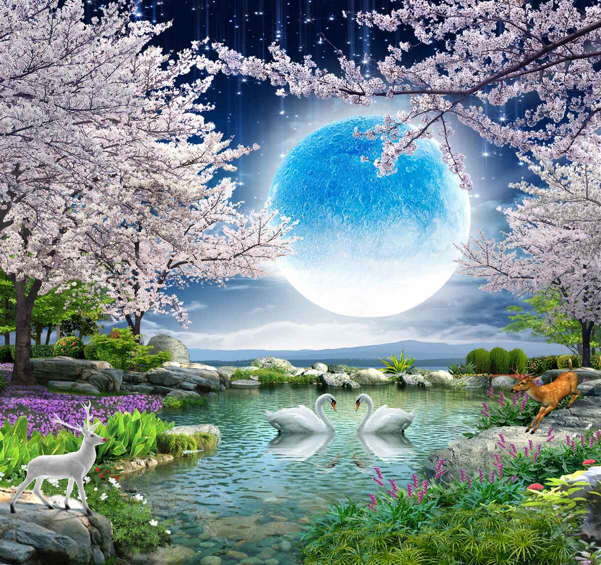 Фотошпалери абстрактний блакитний місяць на тлі озера з квітучою вишнею