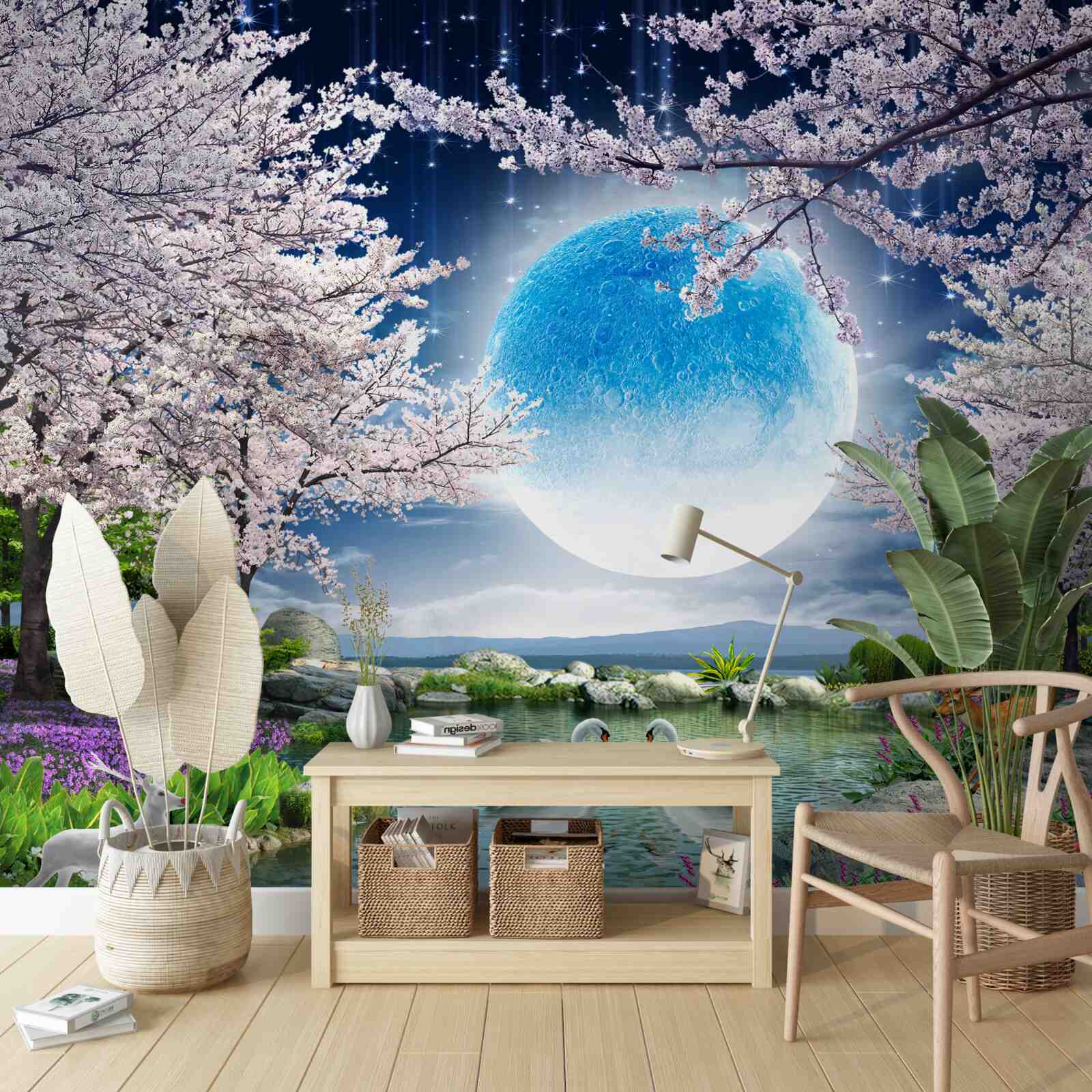 Фотошпалери абстрактний блакитний місяць на тлі озера з квітучою вишнею