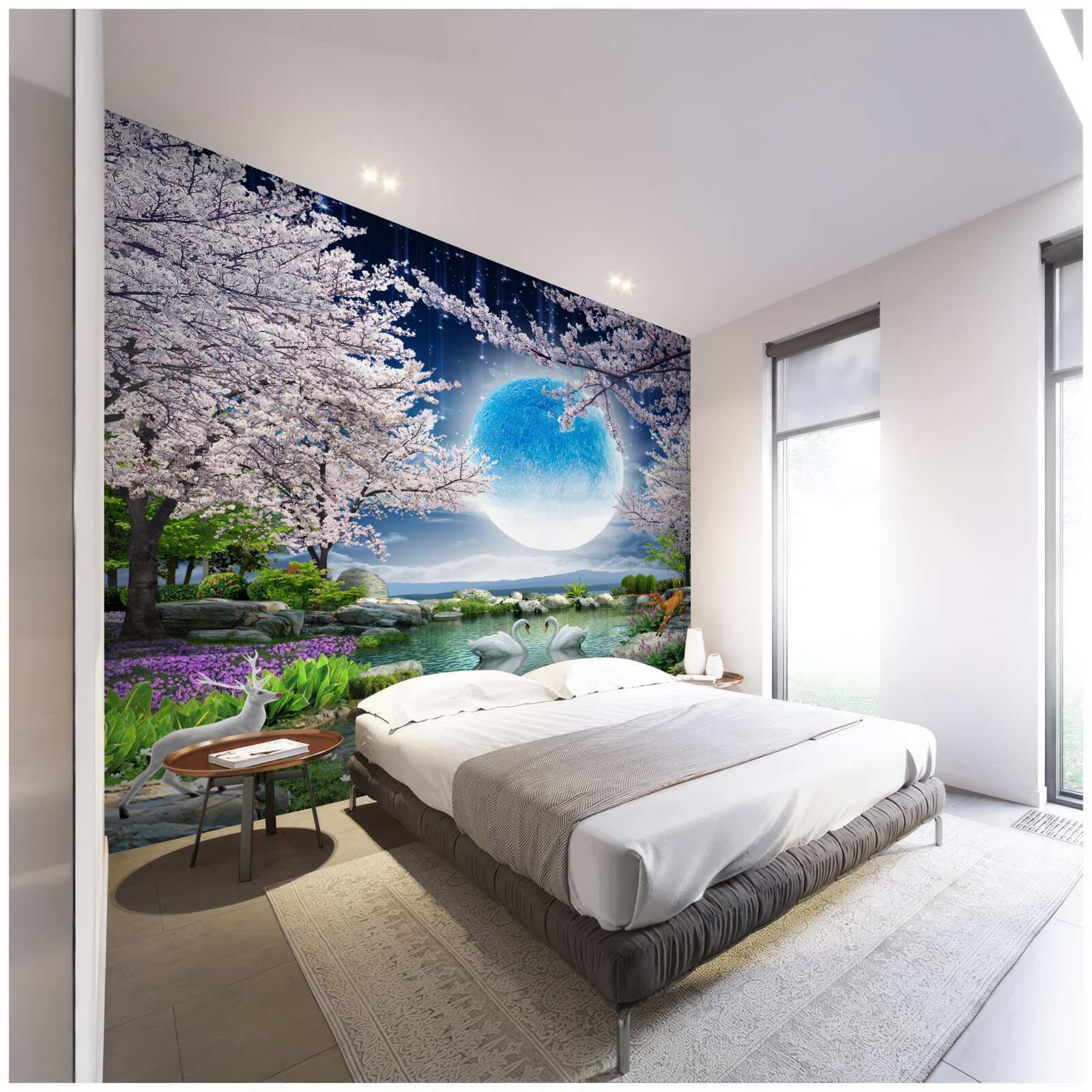 Фотошпалери абстрактний блакитний місяць на тлі озера з квітучою вишнею