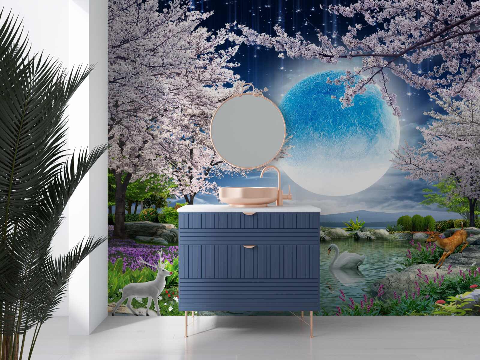 Фотошпалери абстрактний блакитний місяць на тлі озера з квітучою вишнею