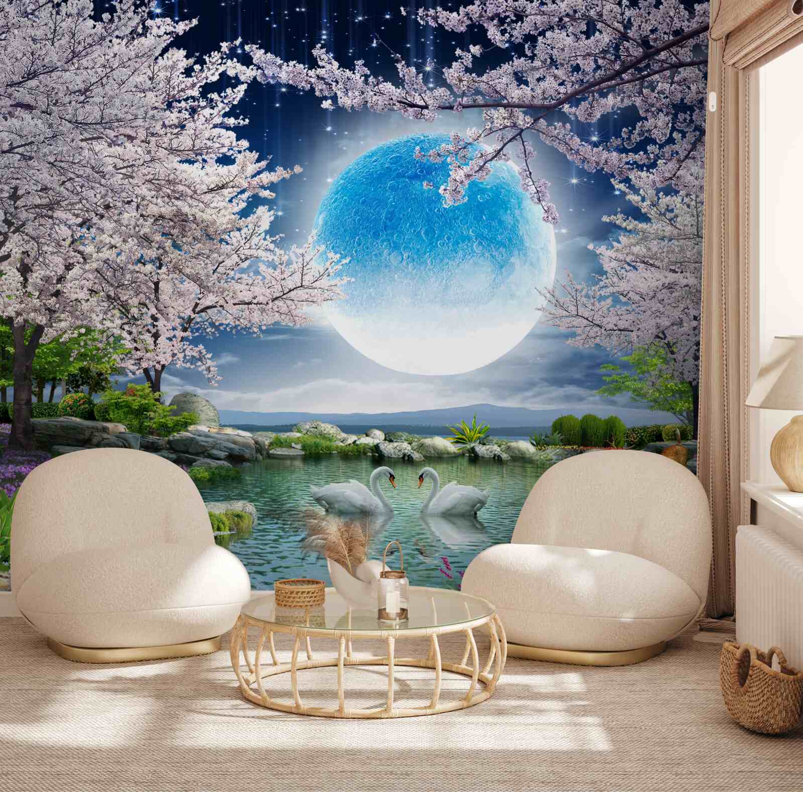 Фотошпалери абстрактний блакитний місяць на тлі озера з квітучою вишнею