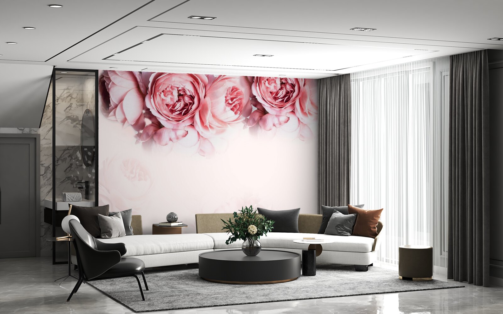 Фотошпалери півонії в рожево-білому кольорі на світлому тлі