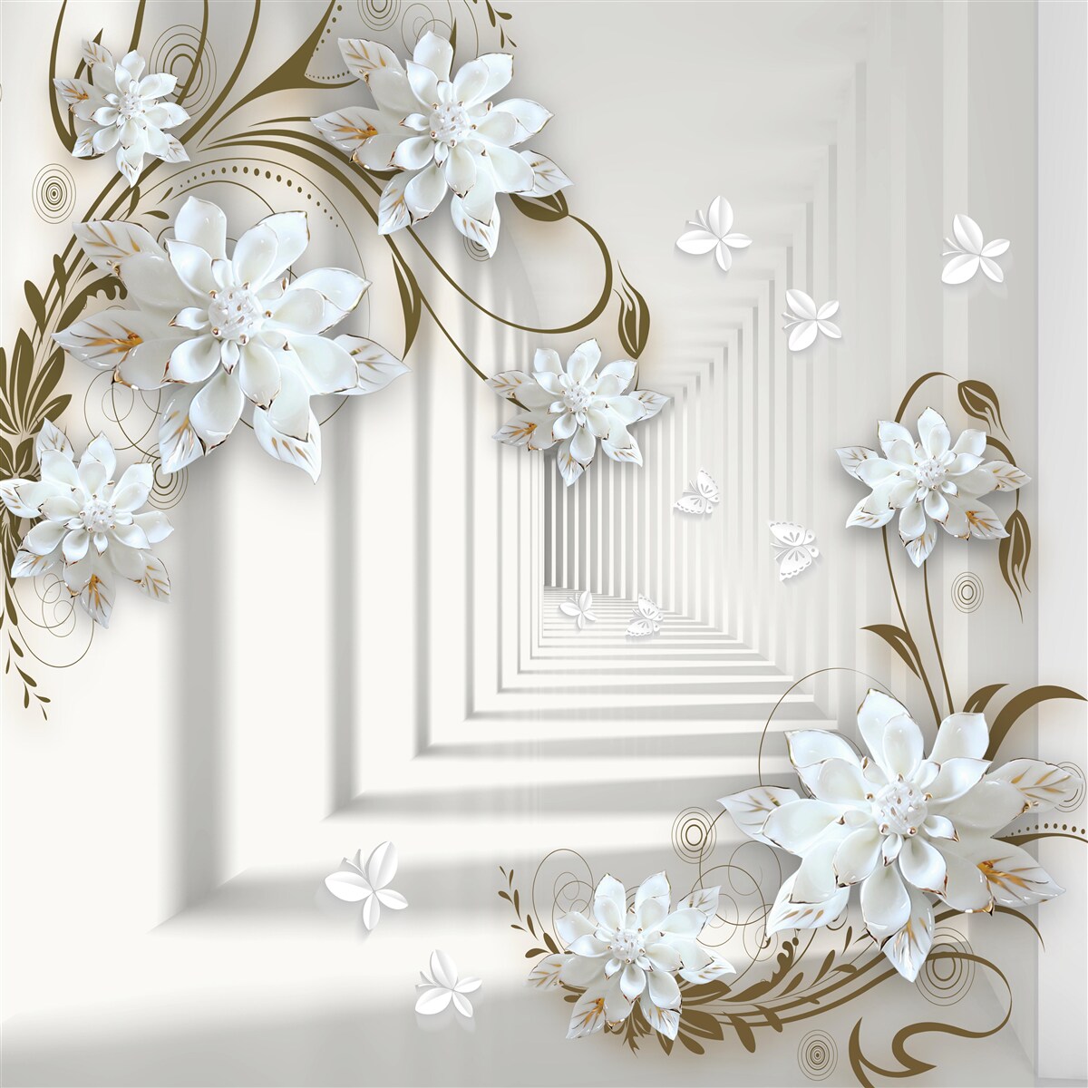 Фотошпалери білі квіти лотоса і тунель, що зникає вдалині